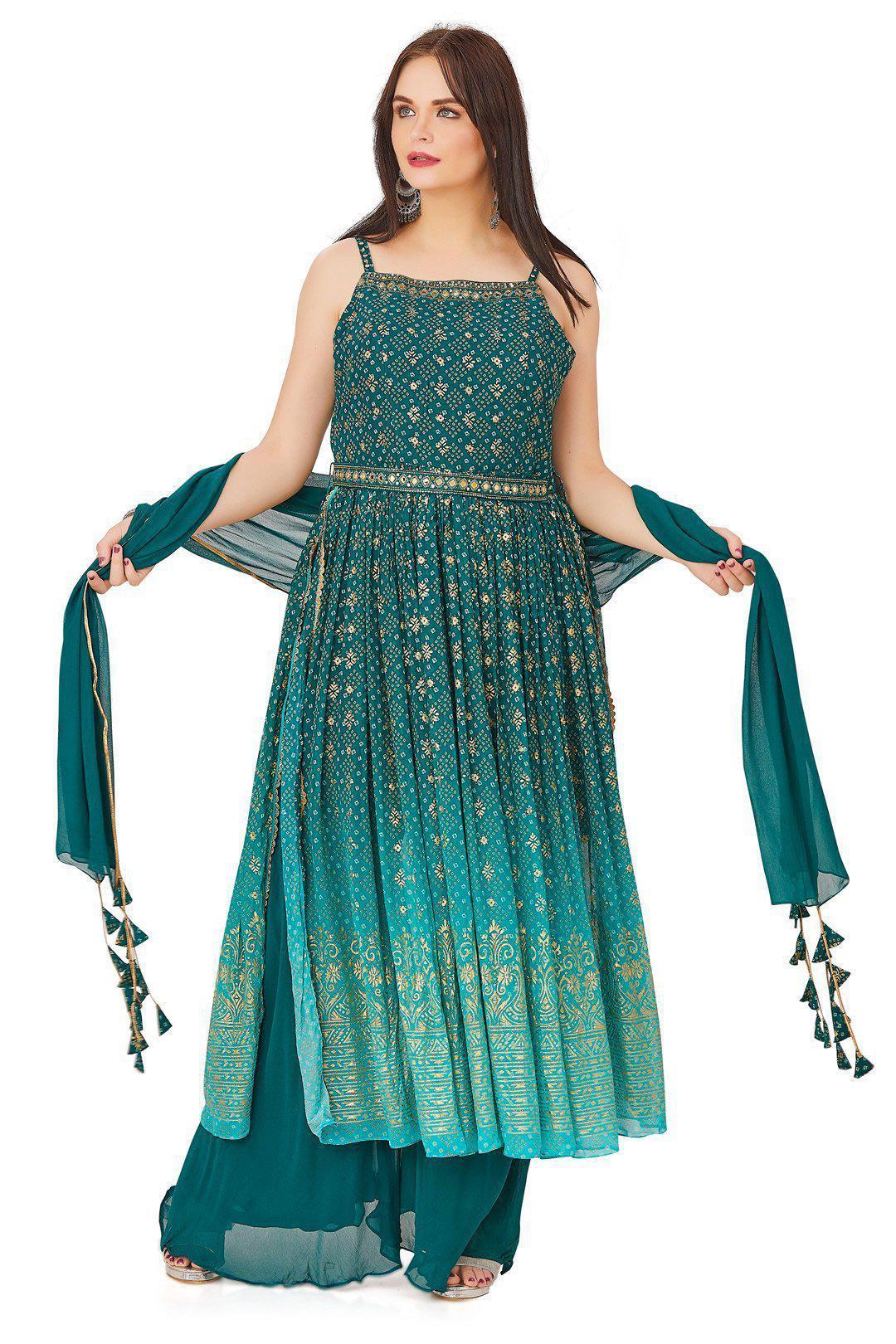 Sea Green ombre and Gold Bandhani Palazzo Set-AariAmi Boutique