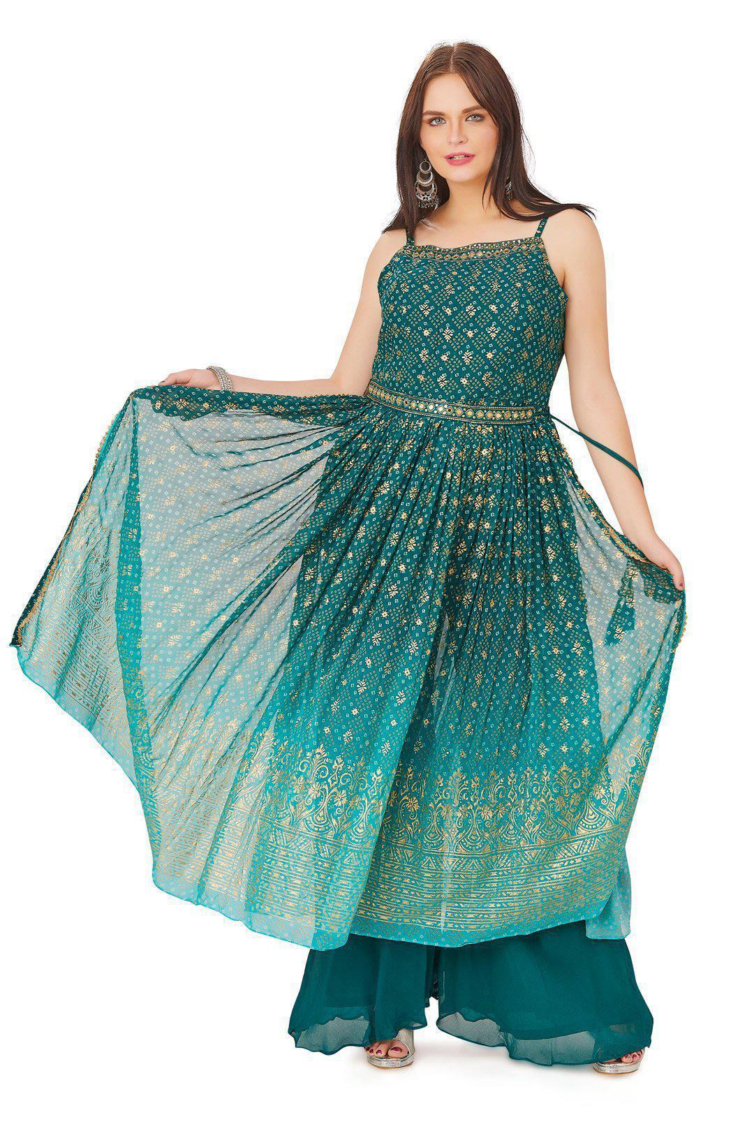 Sea Green ombre and Gold Bandhani Palazzo Set-AariAmi Boutique