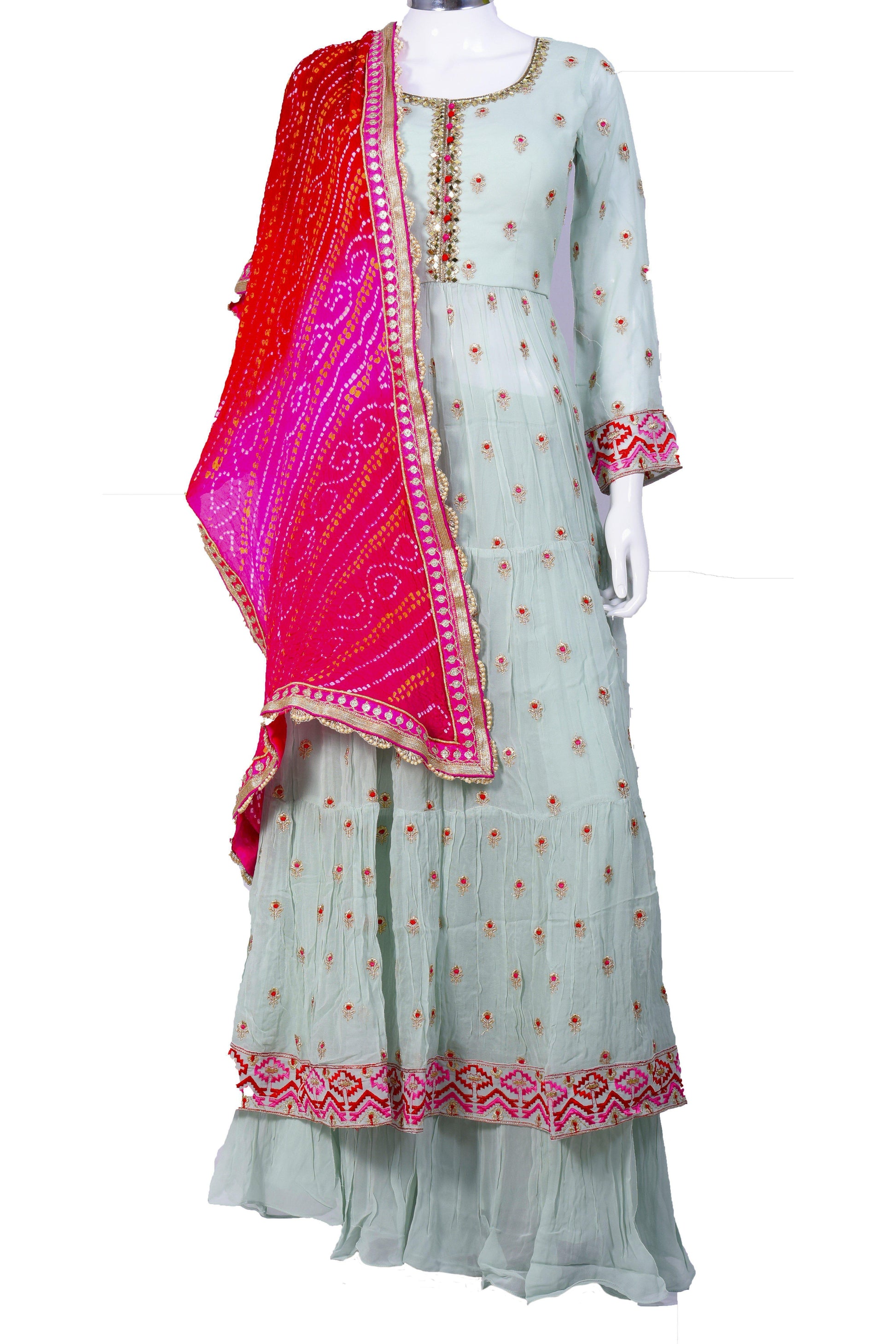 Sensuous Sea Green and Pink Bandhani Sharara Set-AariAmi Boutique