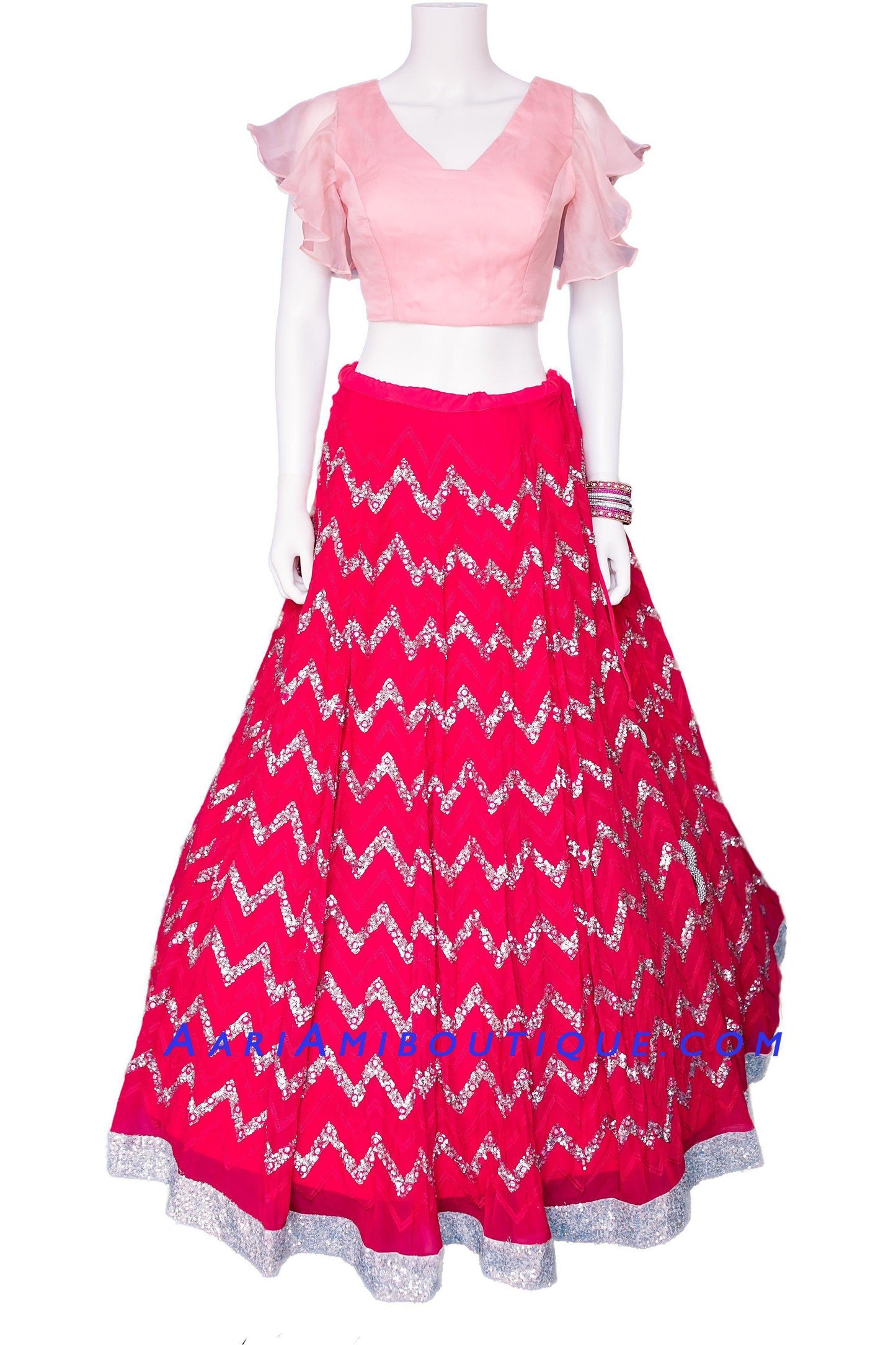 Sinful Pink Chevron Stripe Lehenga Set-AariAmi Boutique
