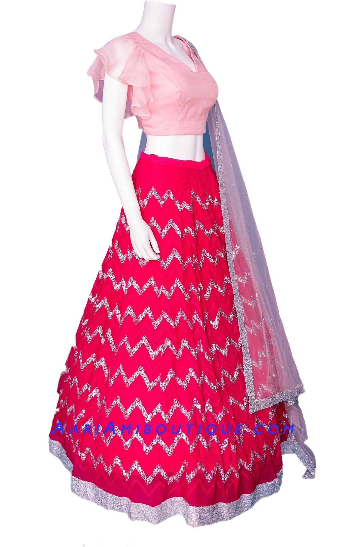 Sinful Pink Chevron Stripe Lehenga Set-AariAmi Boutique