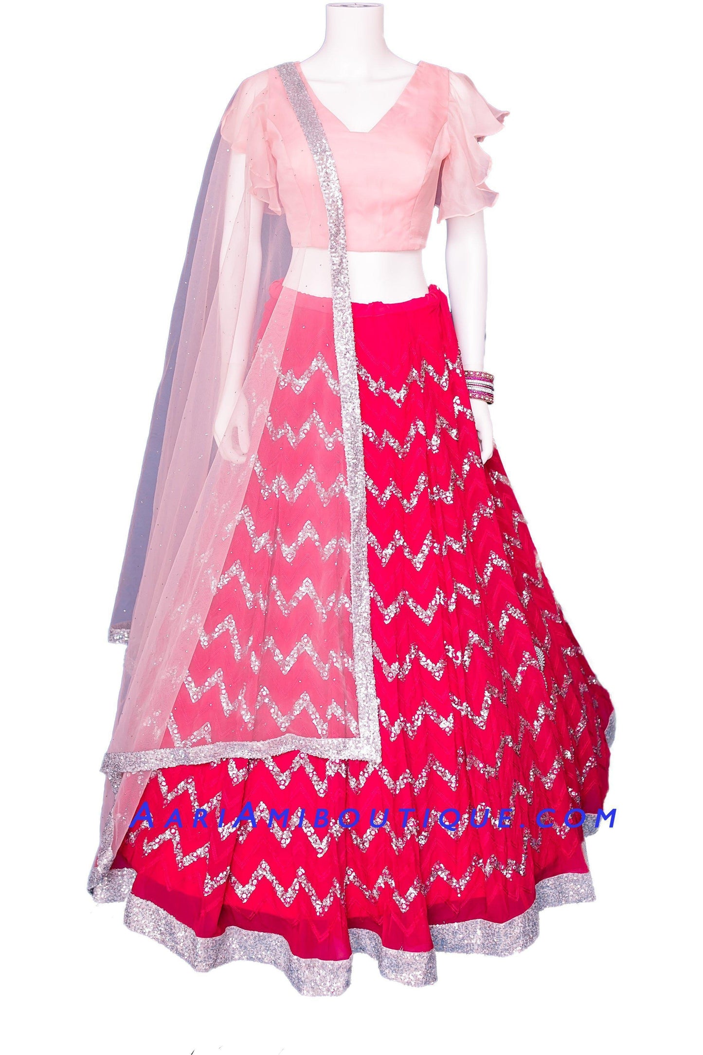 Sinful Pink Chevron Stripe Lehenga Set-AariAmi Boutique
