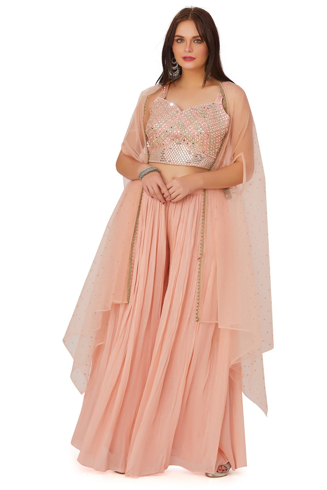 Sparkling Peach Mirrorwork Palazzo Set with Cape-AariAmi Boutique