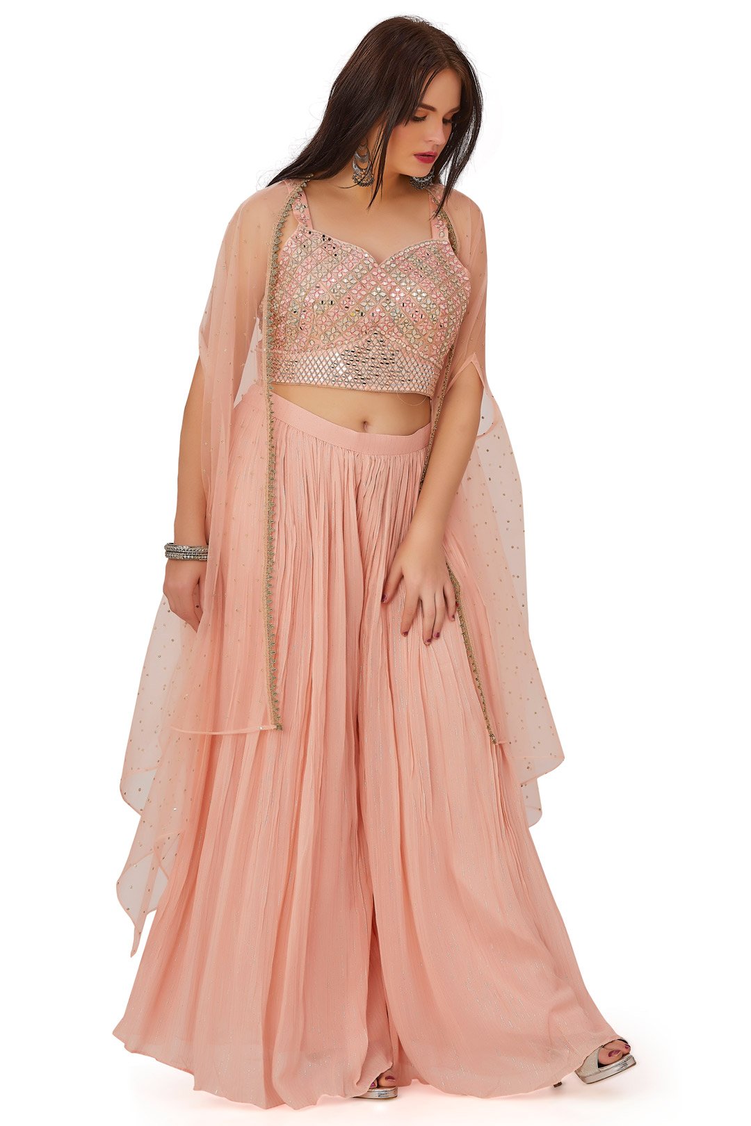 Sparkling Peach Mirrorwork Palazzo Set with Cape-AariAmi Boutique
