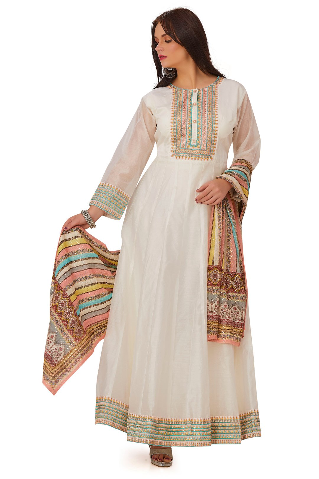 Sparkling Sequin Ivory Chanderi Silk Anarkali Set-AariAmi Boutique