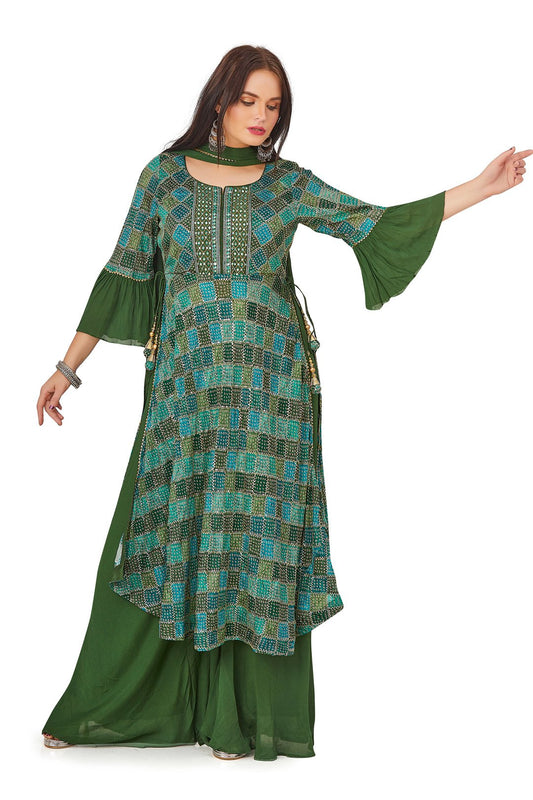 Sparkly Sequin Green Bandhani Palazzo Set-AariAmi Boutique