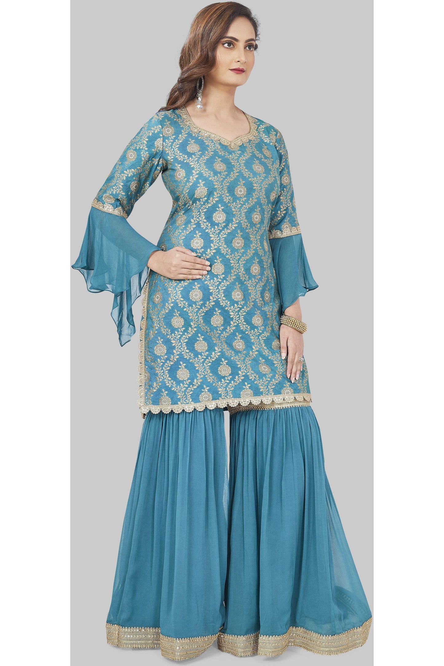 Tantalizing Teal and Gold Brocade Gharara Set-AariAmi Boutique