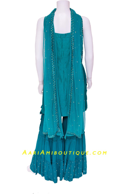 Teal Embroidered Gharara Set with Choker Dupatta-AariAmi Boutique