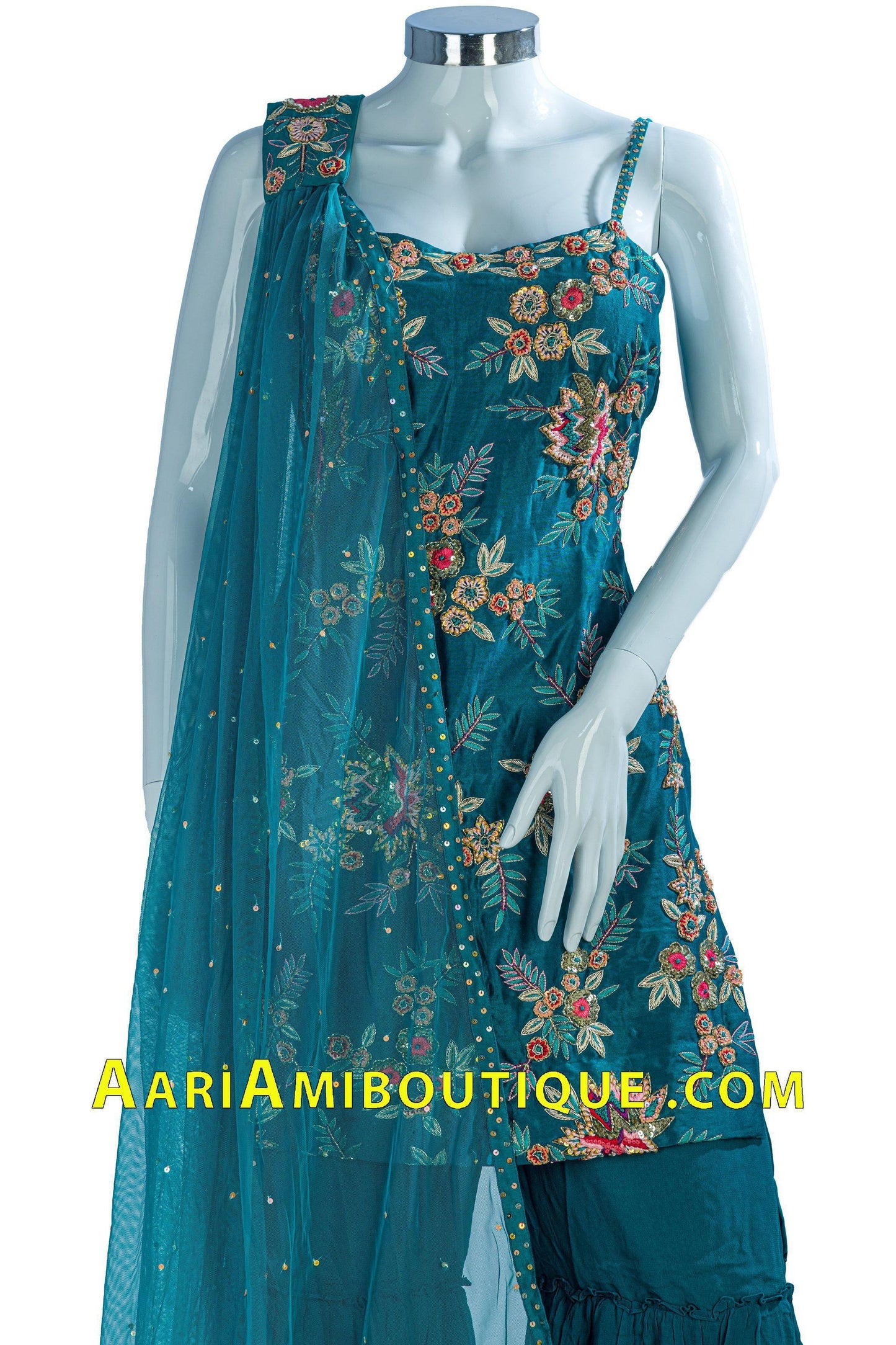 Teal Embroidered Gharara Set with Choker Dupatta-AariAmi Boutique