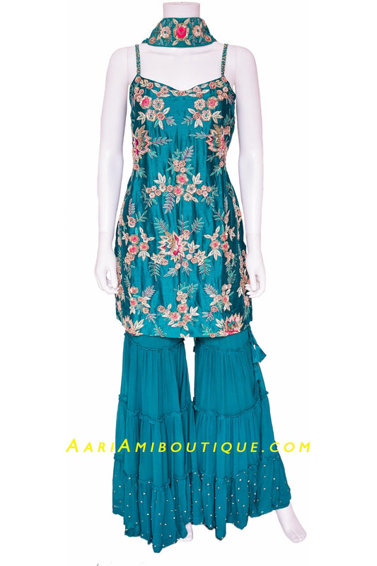 Teal Embroidered Gharara Set with Choker Dupatta-AariAmi Boutique