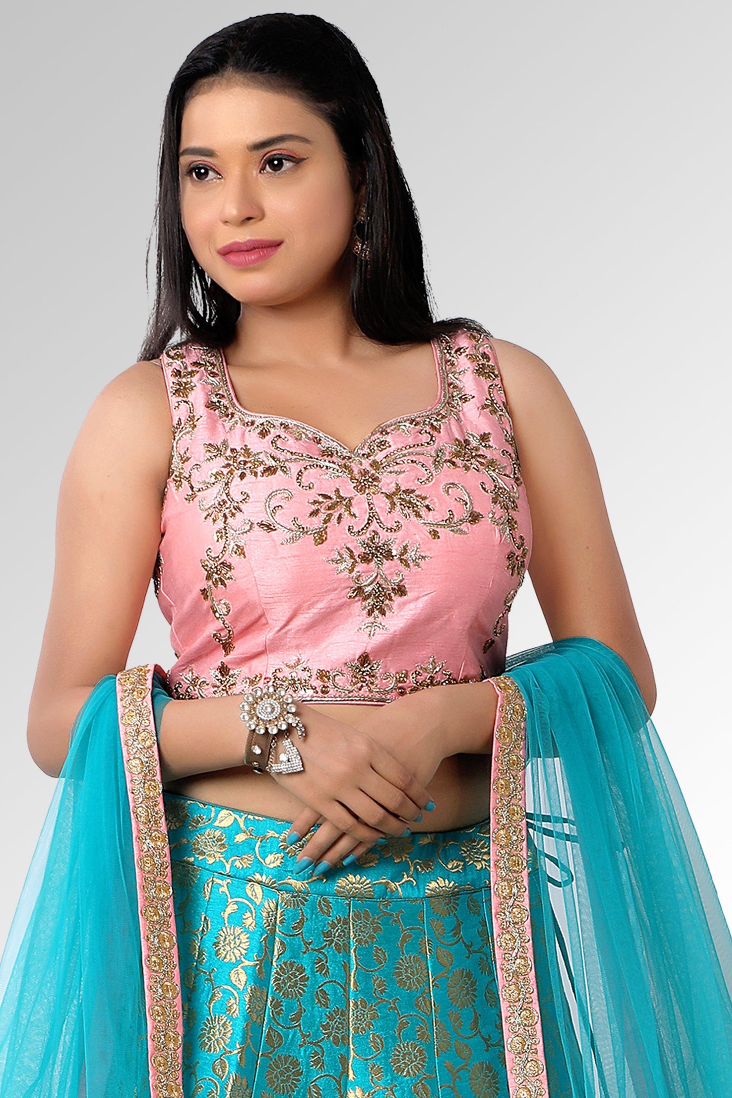 Turquoise and Pink Brocade Lehenga Set-AariAmi Boutique