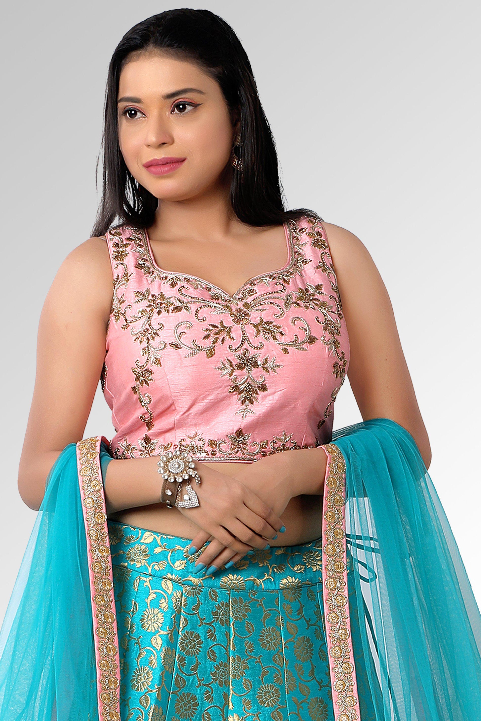Turquoise and Pink Brocade Lehenga Set-AariAmi Boutique