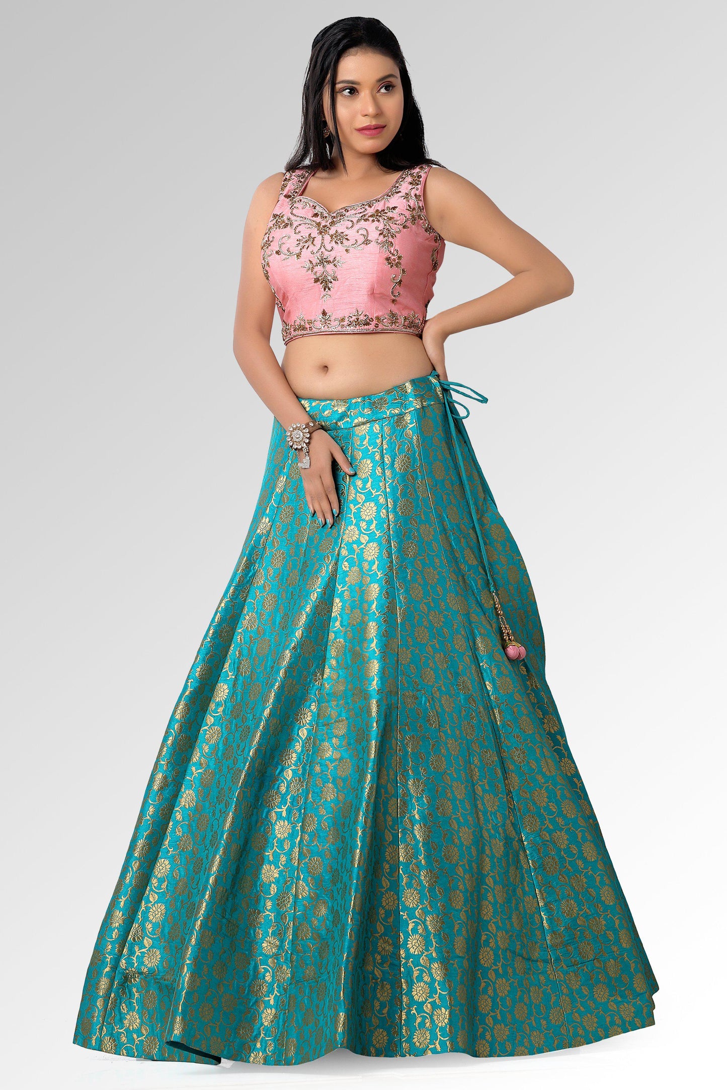 Turquoise and Pink Brocade Lehenga Set-AariAmi Boutique