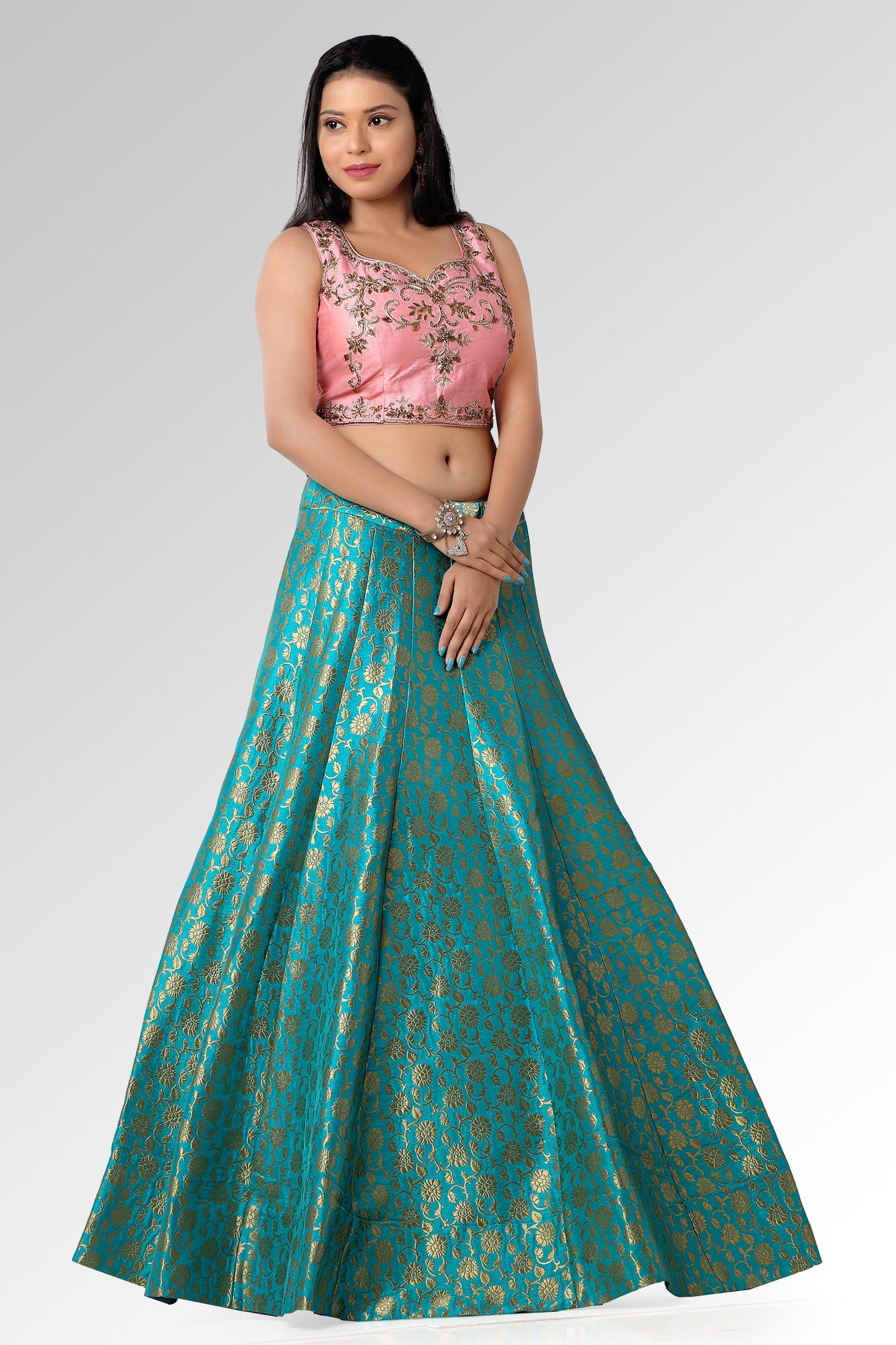 Turquoise and Pink Brocade Lehenga Set-AariAmi Boutique