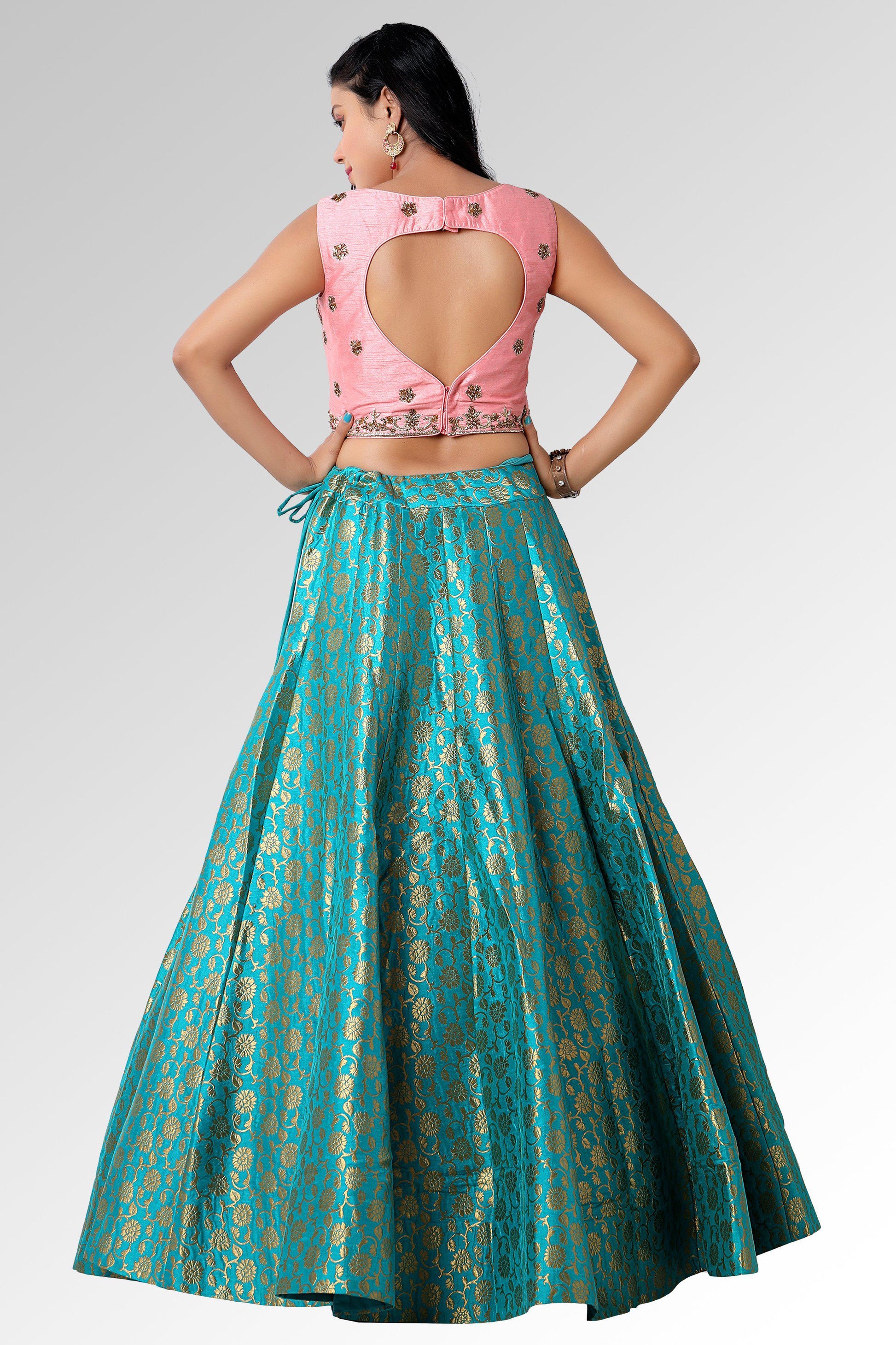 Turquoise and Pink Brocade Lehenga Set-AariAmi Boutique