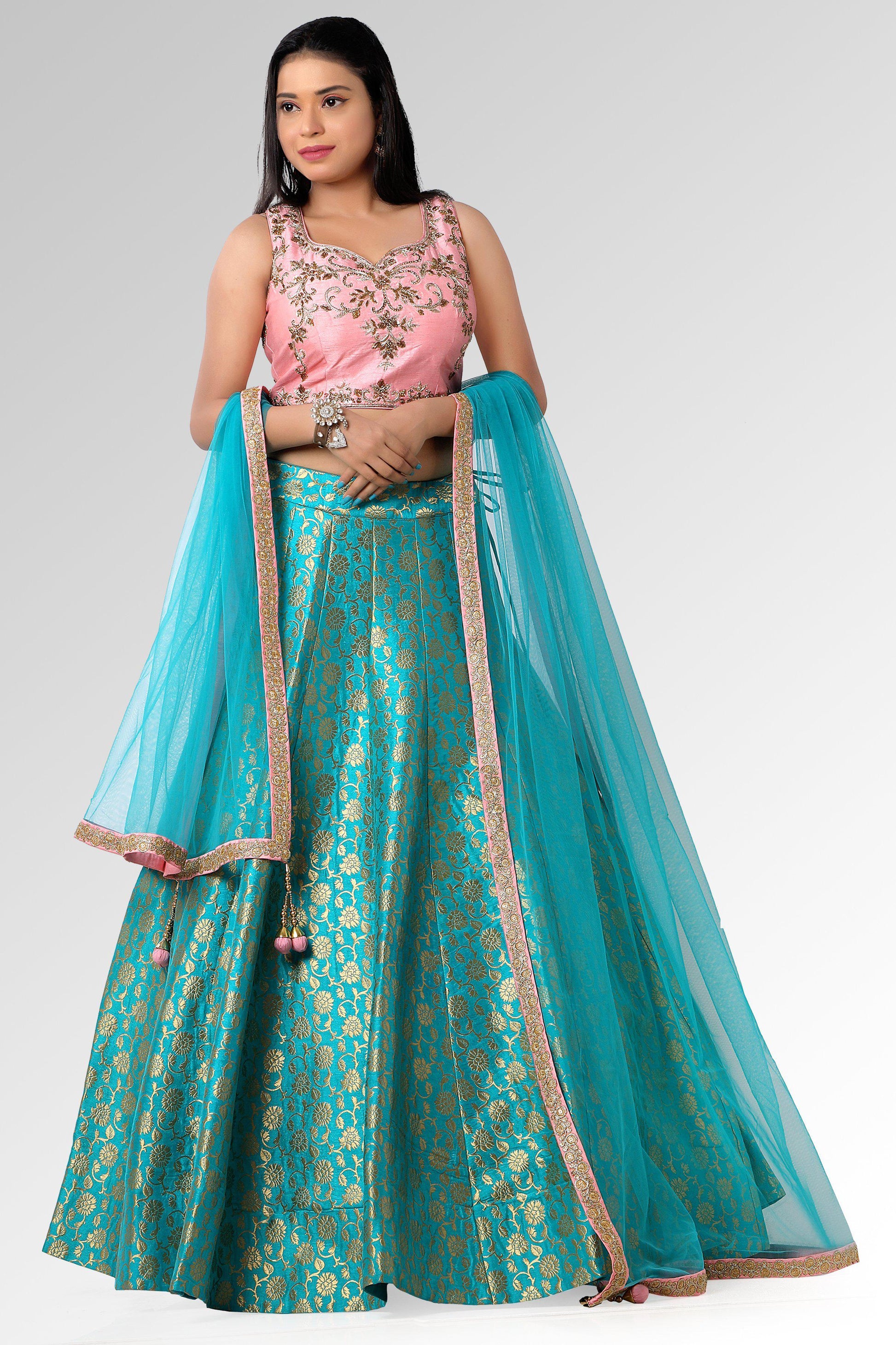 Turquoise and Pink Brocade Lehenga Set-AariAmi Boutique