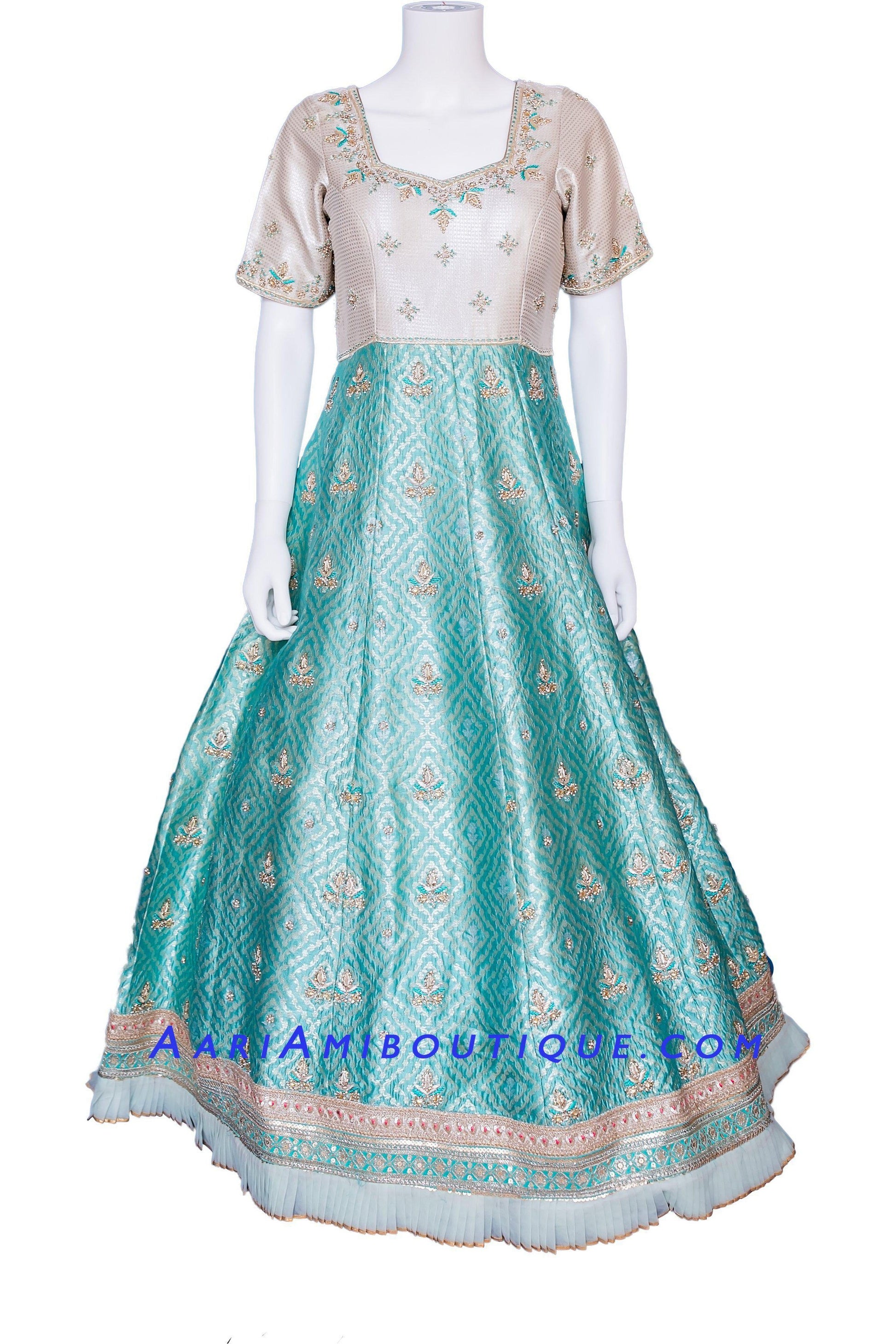 Vibrant Turquoise and Gold Brocade Silk Anarkali Set-AariAmi Boutique