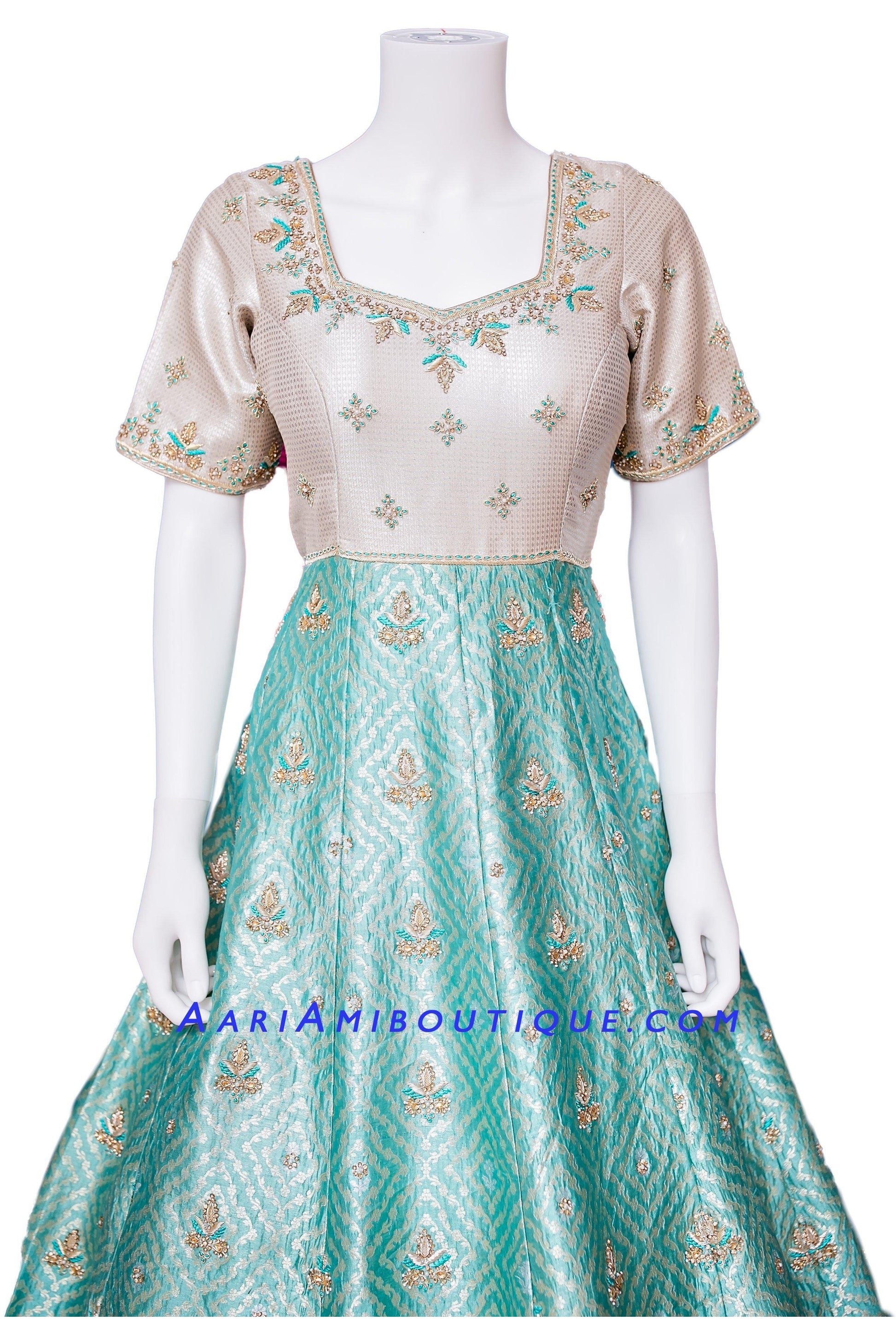 Vibrant Turquoise and Gold Brocade Silk Anarkali Set-AariAmi Boutique