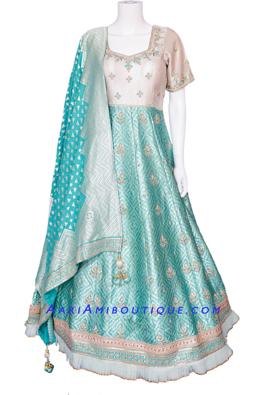 Vibrant Turquoise and Gold Brocade Silk Anarkali Set-AariAmi Boutique