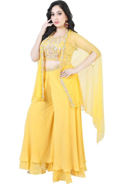 Yellow Embroidered Crop Top Palazzo Set with Cape-AariAmi Boutique