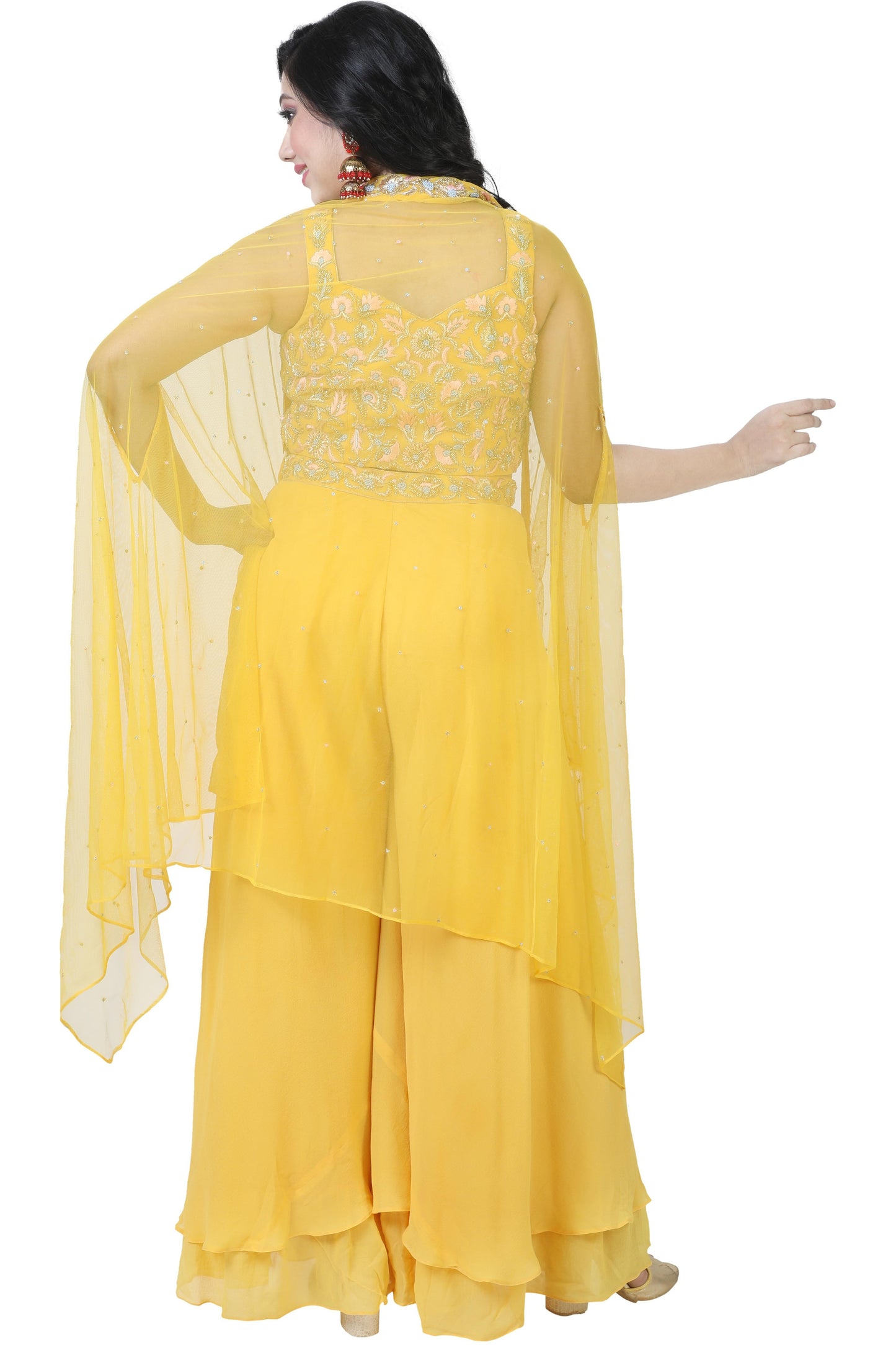 Yellow Embroidered Crop Top Palazzo Set with Cape-AariAmi Boutique