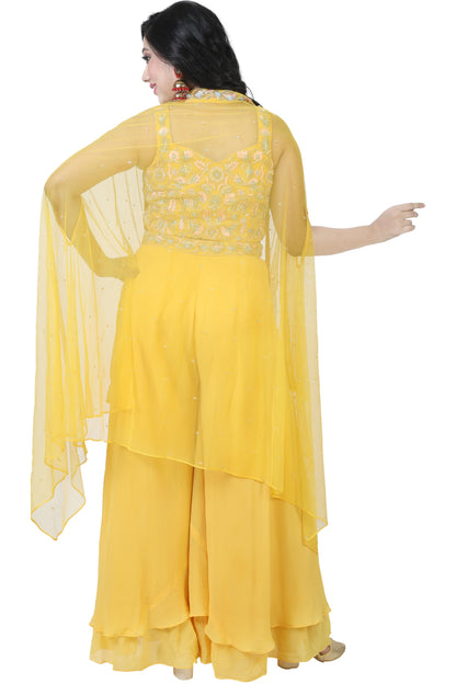 Yellow Embroidered Crop Top Palazzo Set with Cape-AariAmi Boutique