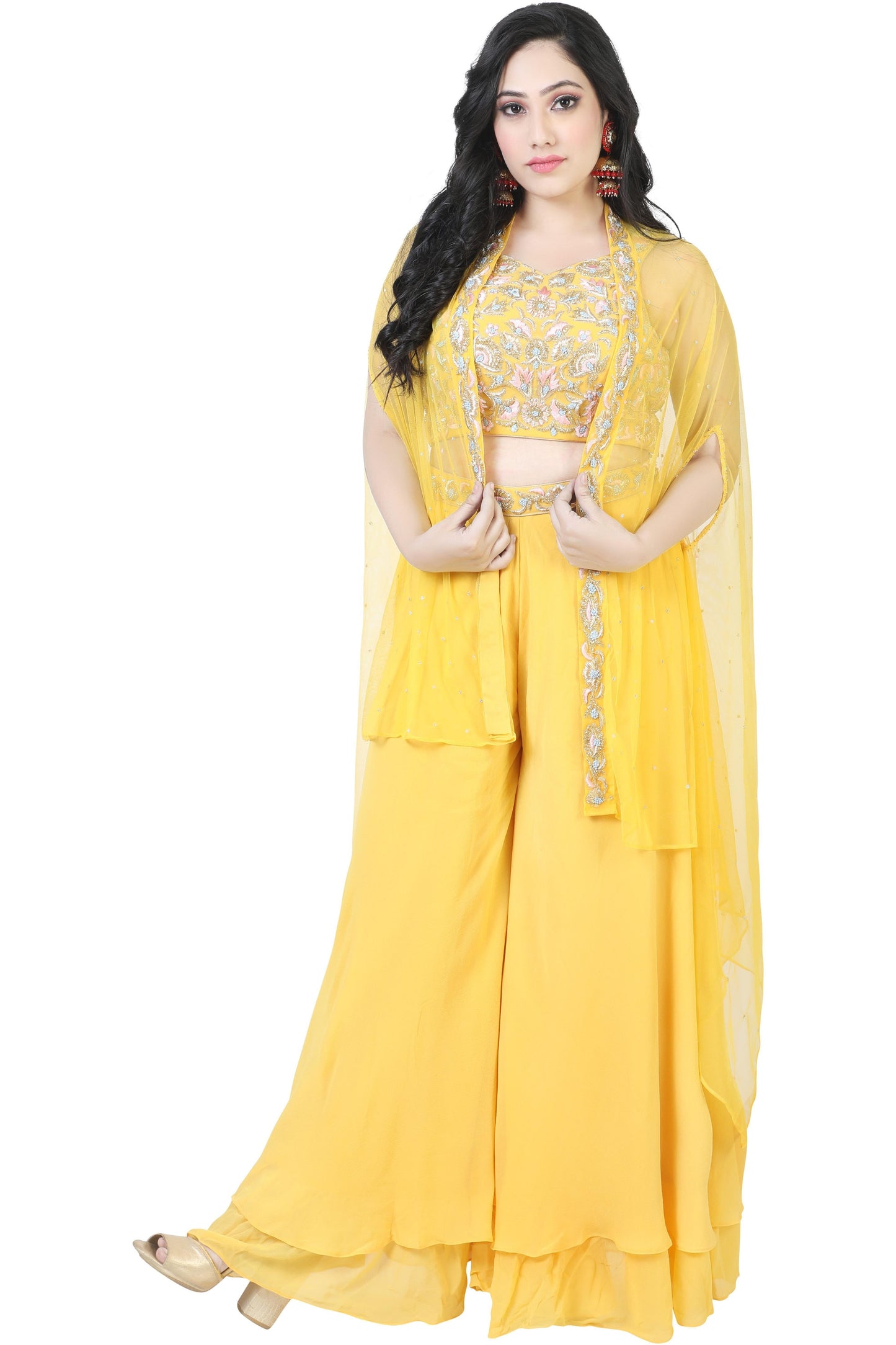 Yellow Embroidered Crop Top Palazzo Set with Cape-AariAmi Boutique