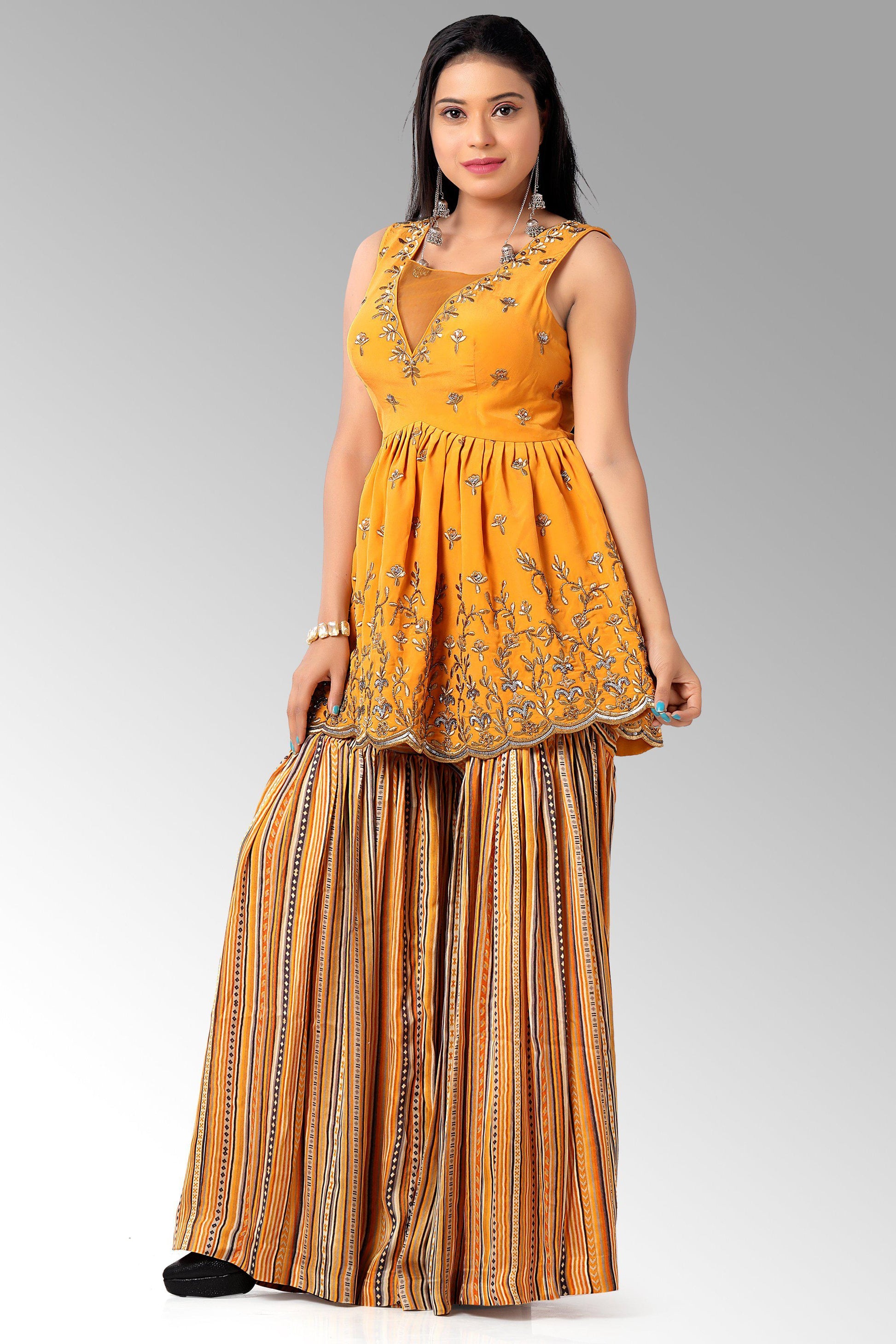 Yellow Gharara Set with Peplum Top-AariAmi Boutique