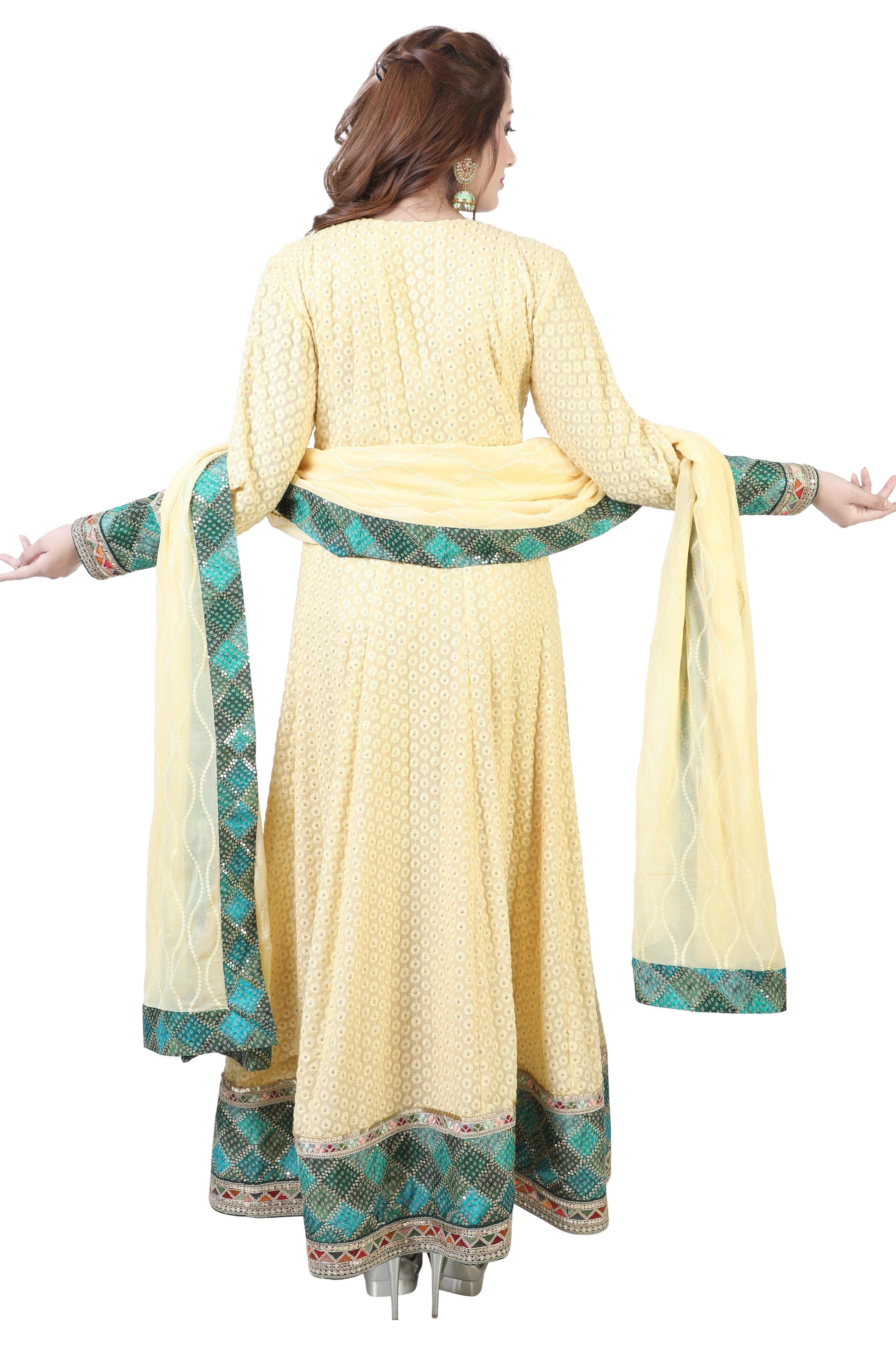 Yellow Lucknowi Embroidered and Bandhni border Anarkali Set-AariAmi Boutique