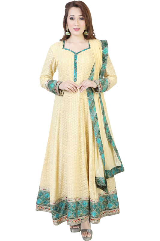 Yellow Lucknowi Embroidered and Bandhni border Anarkali Set-AariAmi Boutique