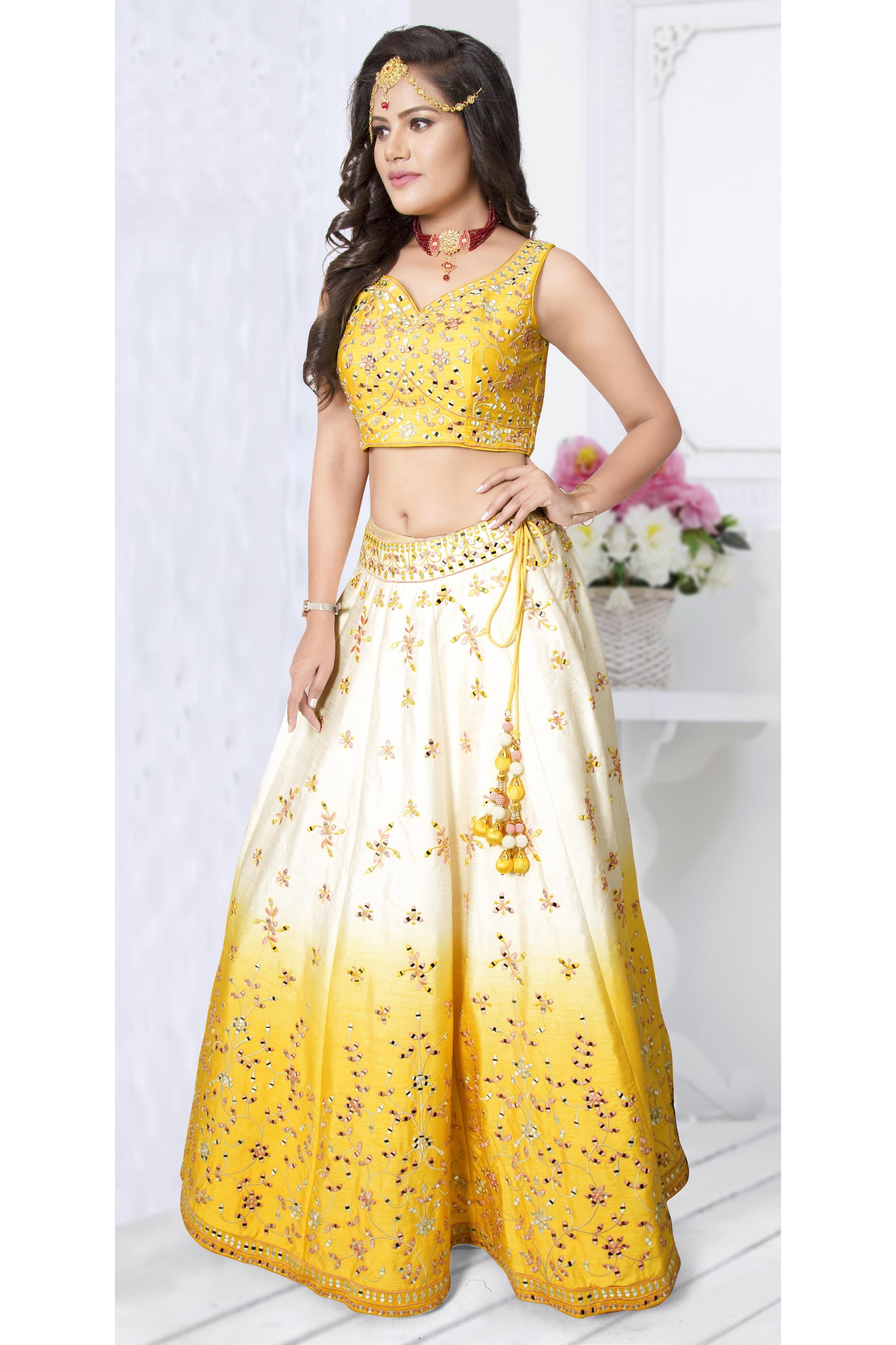 Yellow Ombre Mirrorwork Lehenga Set-AariAmi Boutique