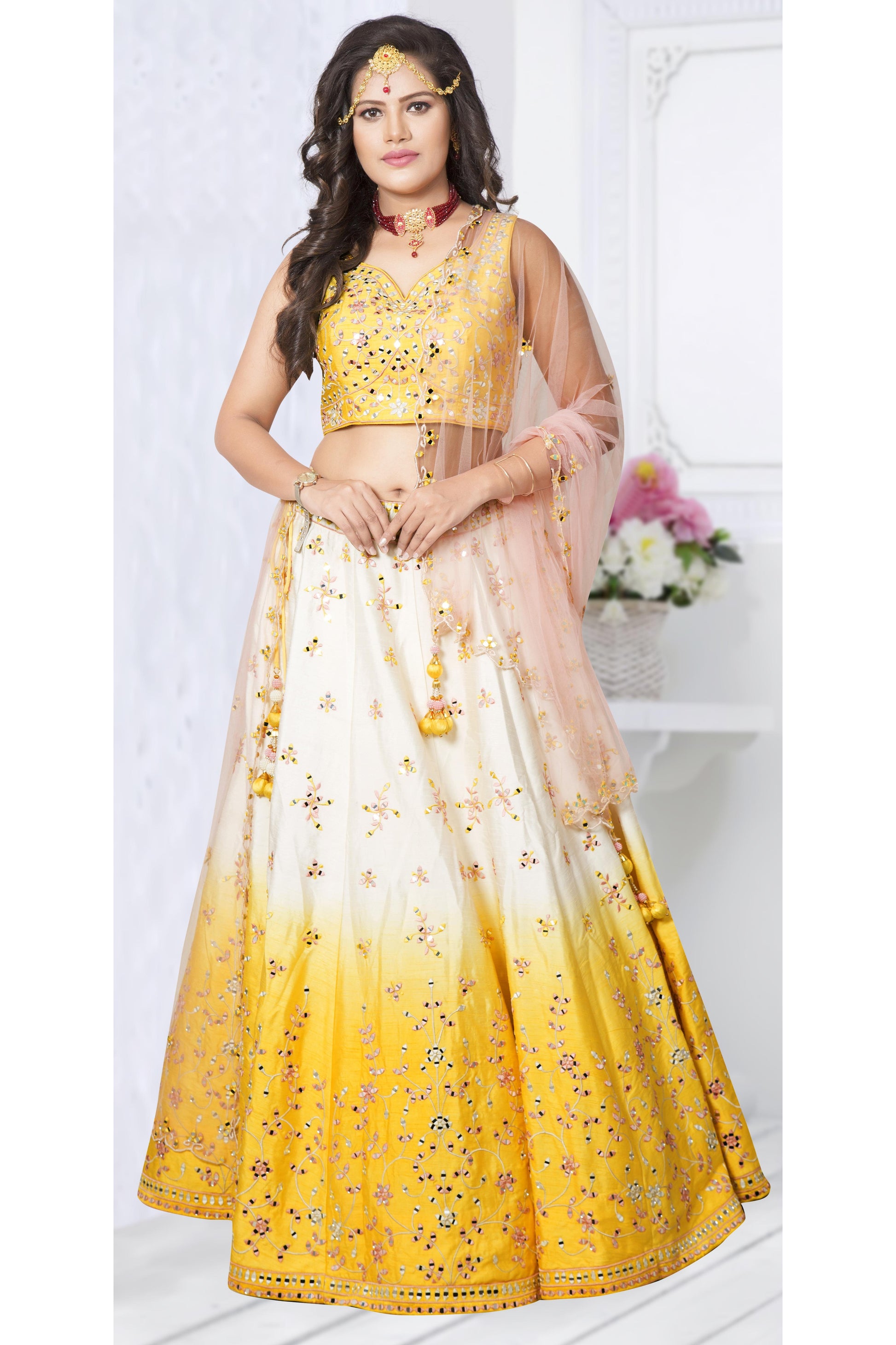 Yellow Ombre Mirrorwork Lehenga Set-AariAmi Boutique