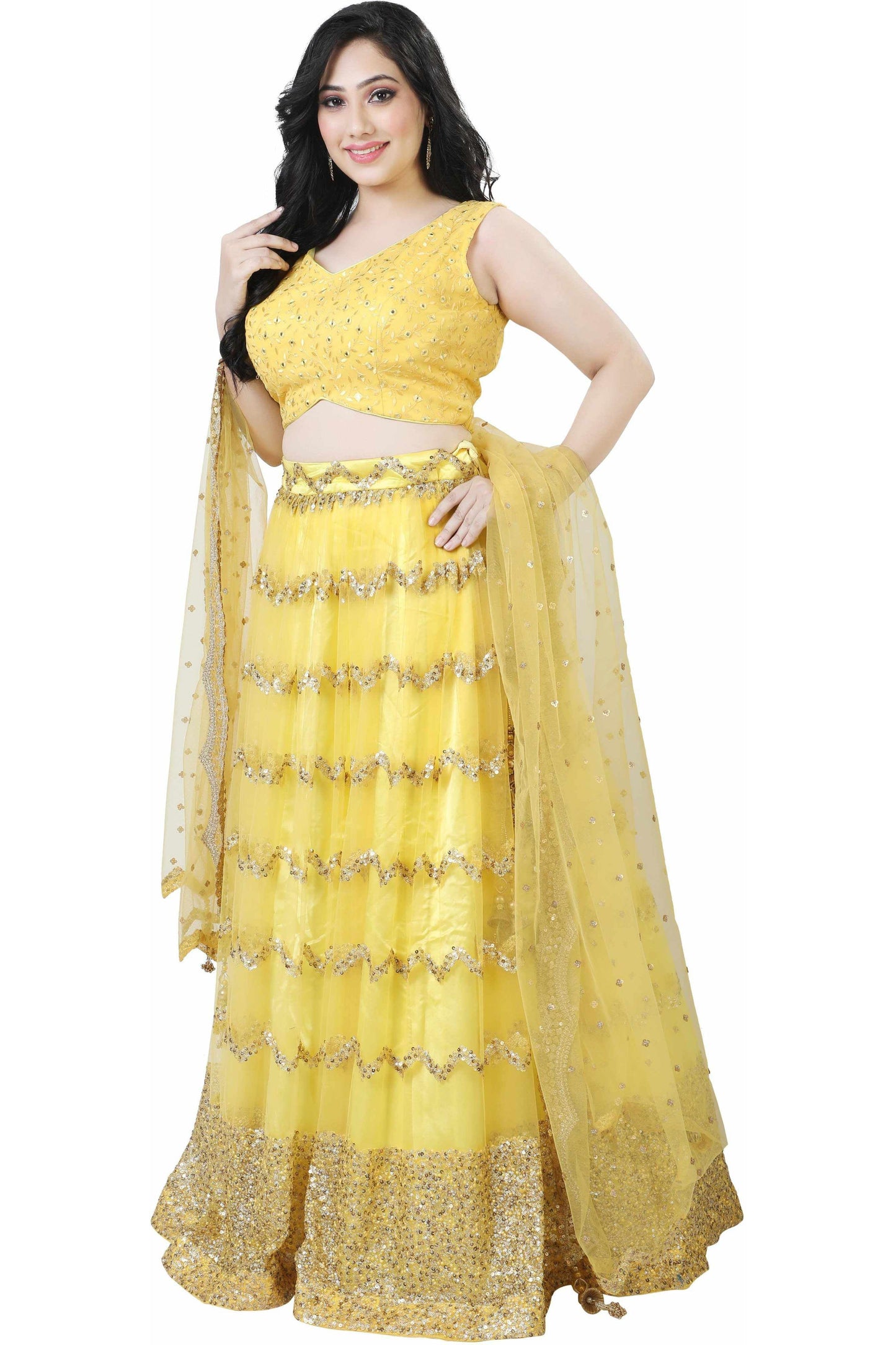 Yellow Organza Chevron Stripe Lehenga Set-AariAmi Boutique