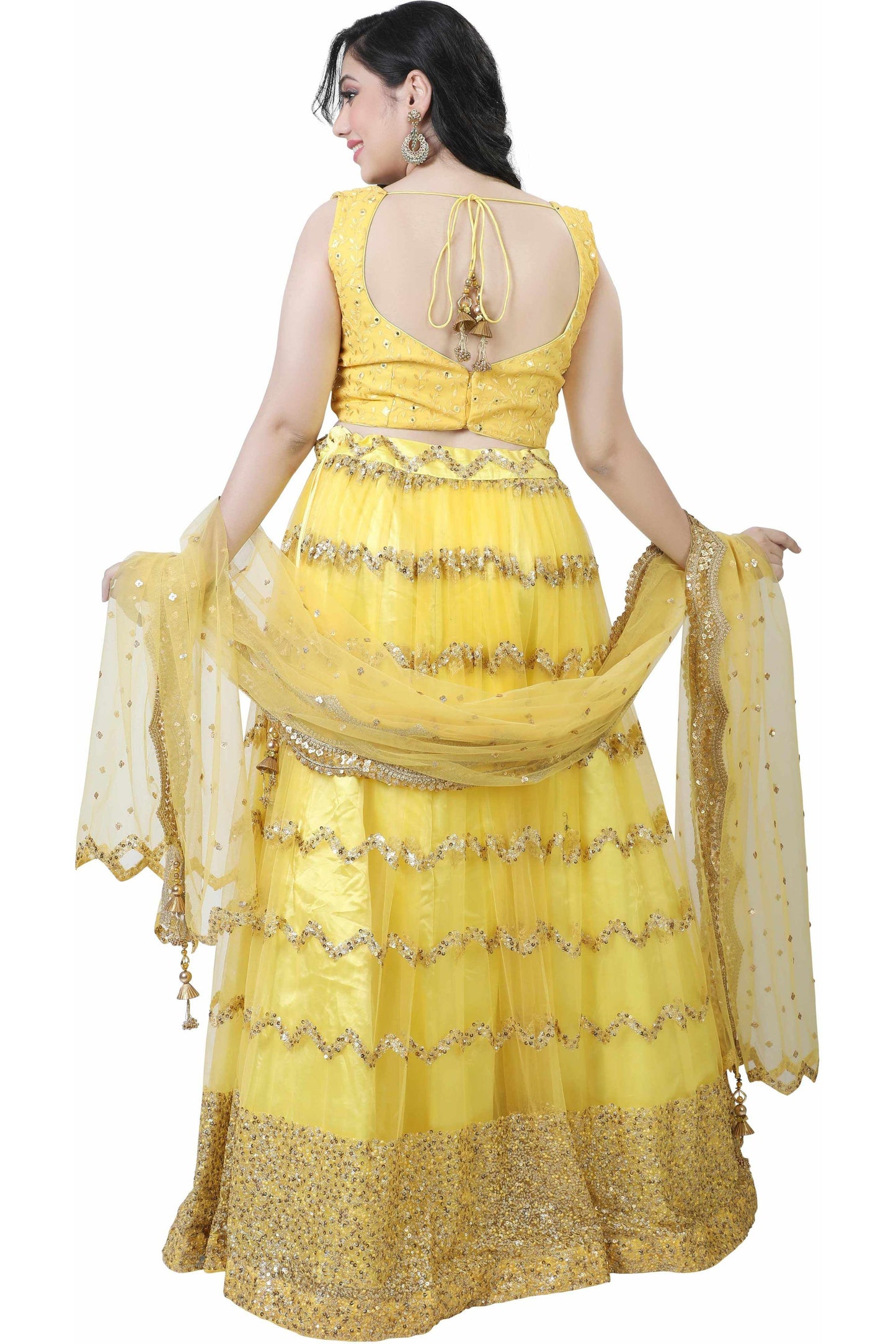 Yellow Organza Chevron Stripe Lehenga Set-AariAmi Boutique