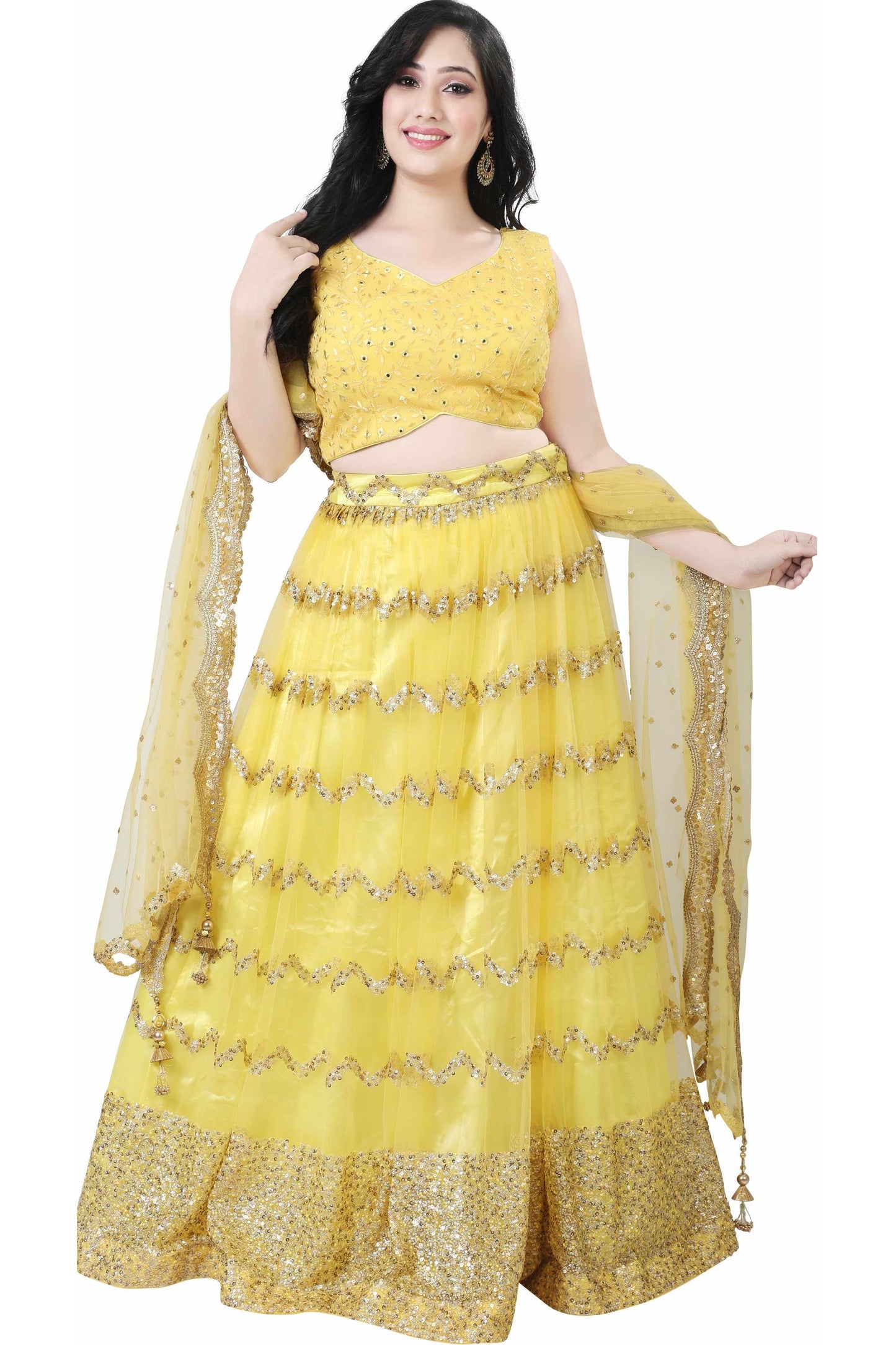 Yellow Organza Chevron Stripe Lehenga Set-AariAmi Boutique