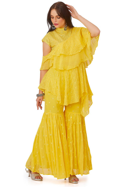Yellow Ruffle Layered Gharara Set-AariAmi Boutique