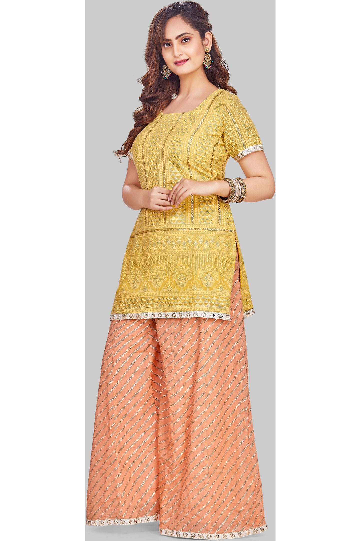 Yellow and Peach Palazzo Set with Leheriya Dupatta-AariAmi Boutique