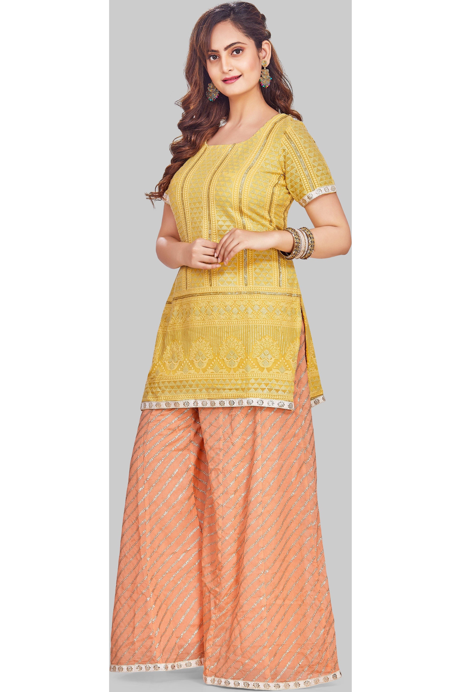 Yellow and Peach Palazzo Set with Leheriya Dupatta-AariAmi Boutique