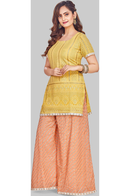 Yellow and Peach Palazzo Set with Leheriya Dupatta-AariAmi Boutique