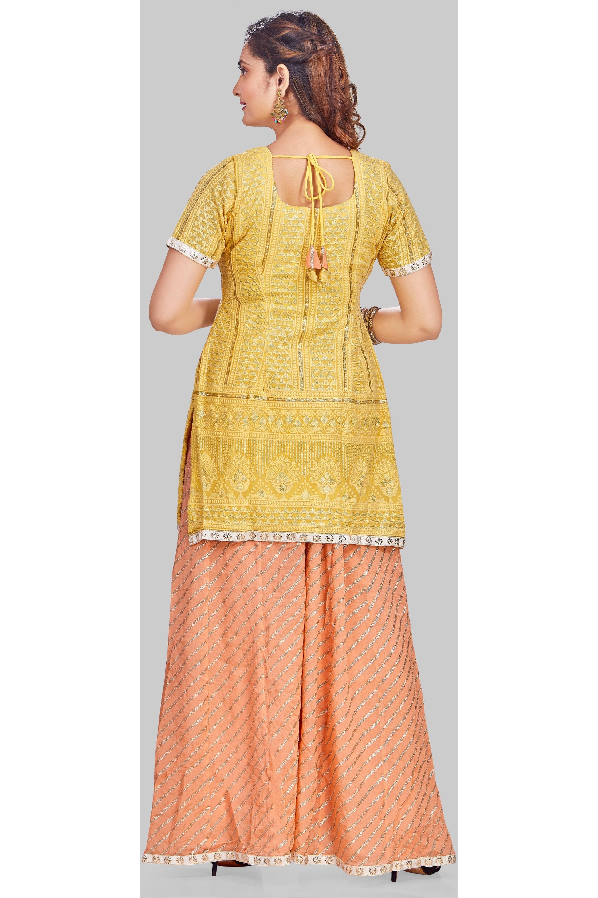 Yellow and Peach Palazzo Set with Leheriya Dupatta-AariAmi Boutique