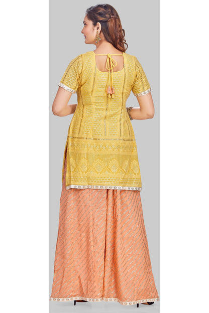 Yellow and Peach Palazzo Set with Leheriya Dupatta-AariAmi Boutique