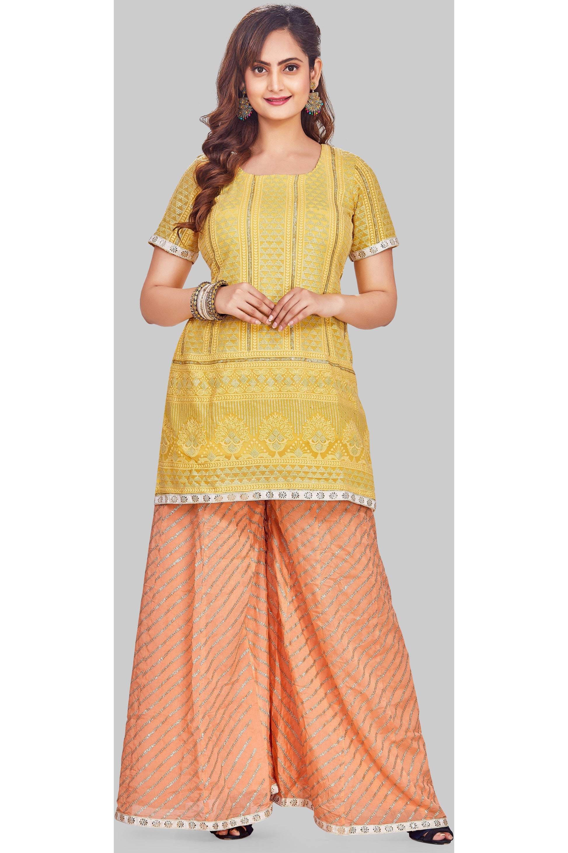 Yellow and Peach Palazzo Set with Leheriya Dupatta-AariAmi Boutique