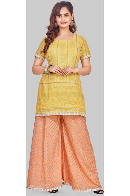 Yellow and Peach Palazzo Set with Leheriya Dupatta-AariAmi Boutique