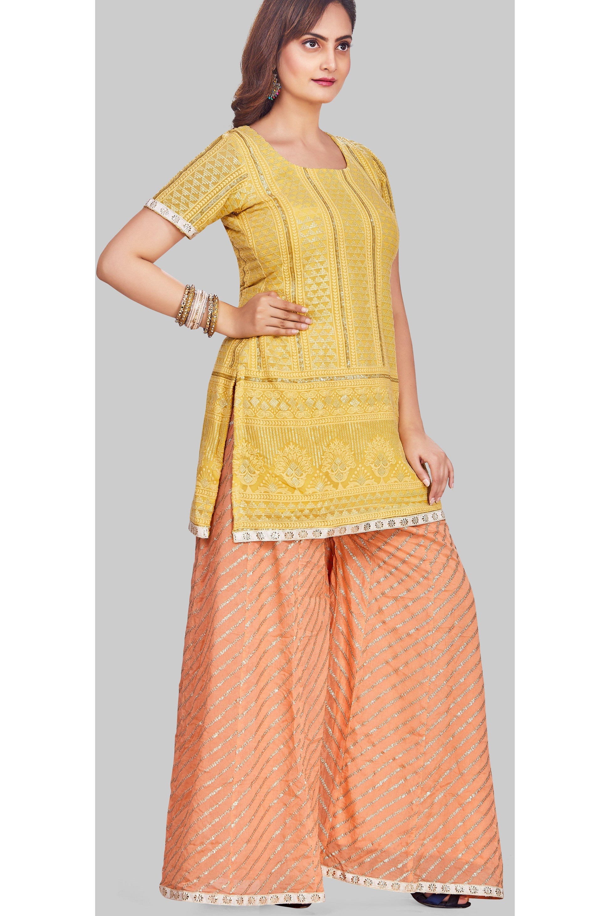 Yellow and Peach Palazzo Set with Leheriya Dupatta-AariAmi Boutique