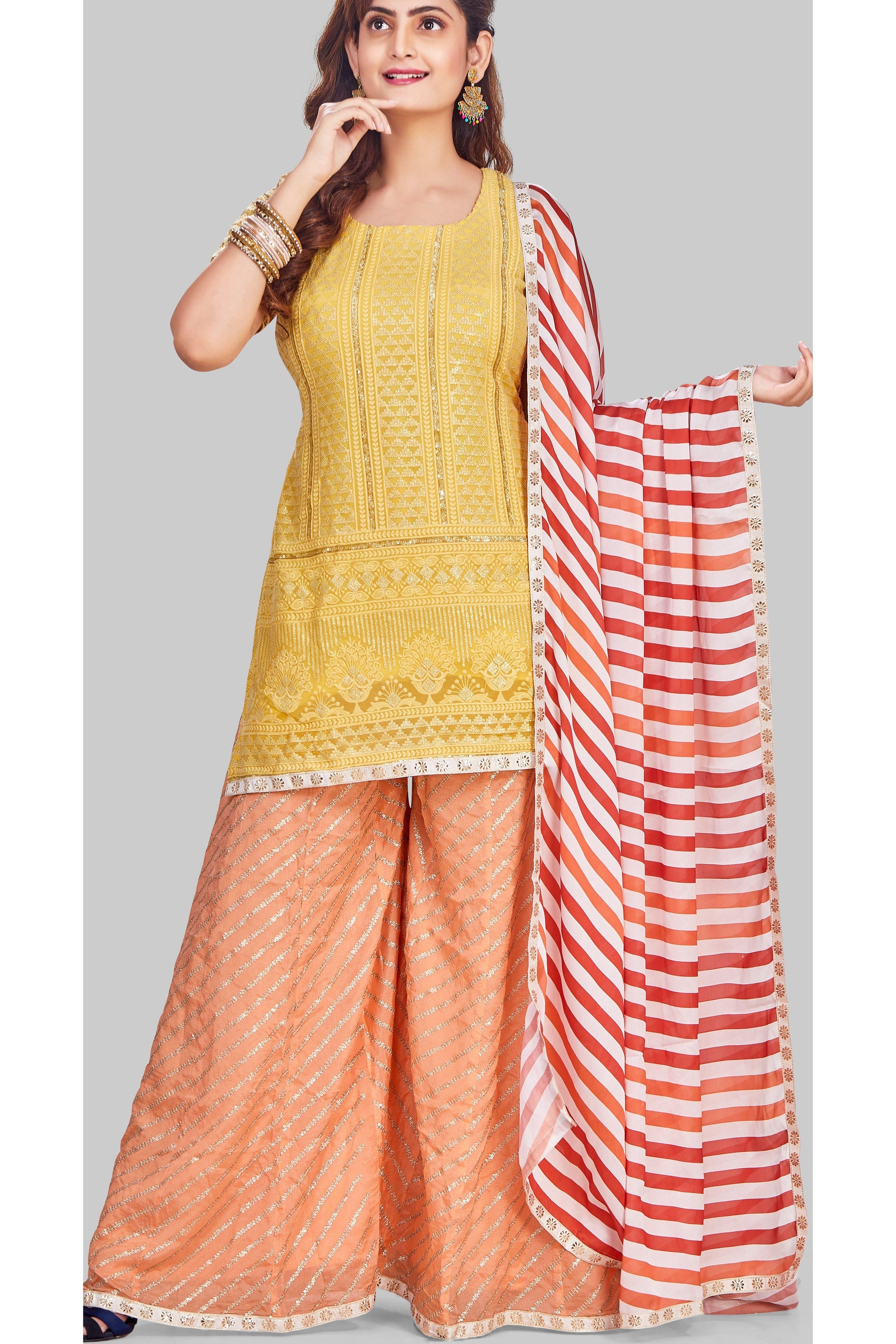 Yellow and Peach Palazzo Set with Leheriya Dupatta-AariAmi Boutique