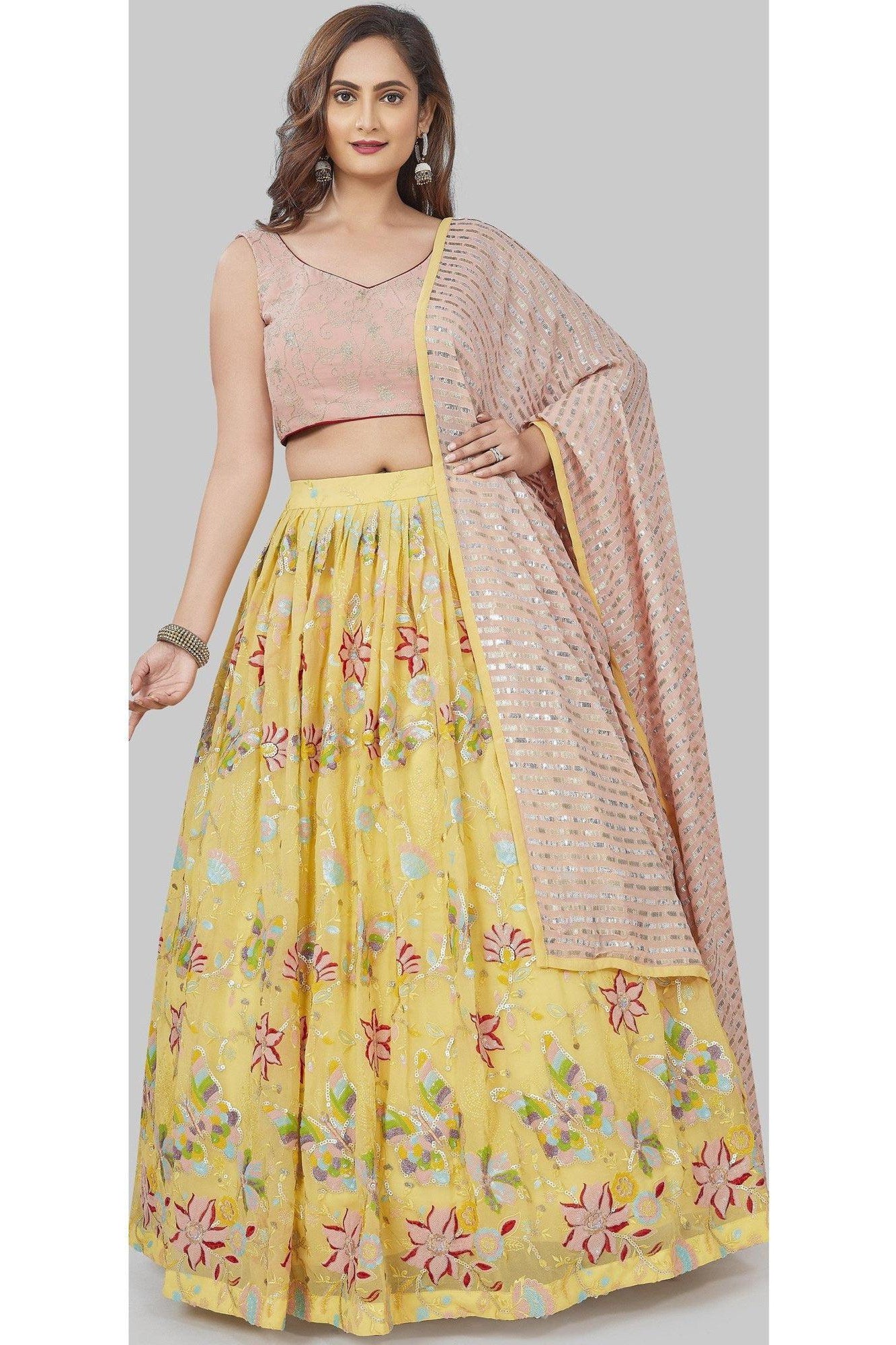 Yellow and Pink Sequin Studded Lehenga Set-AariAmi Boutique