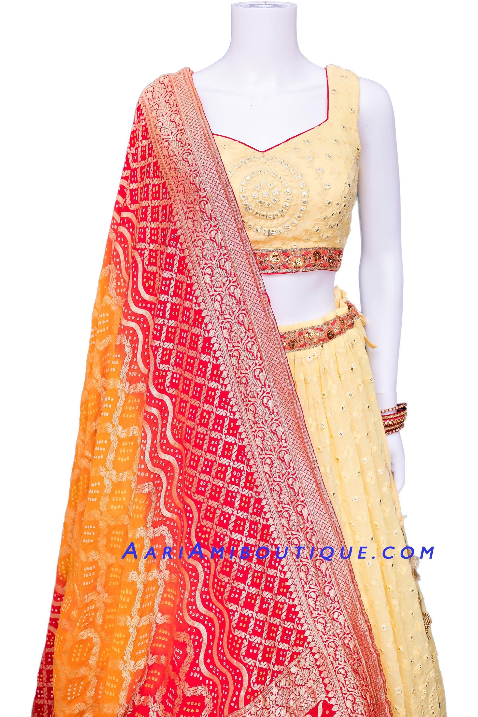 Youthful Yellow Lehenga Set with Bandhani Dupatta-AariAmi Boutique