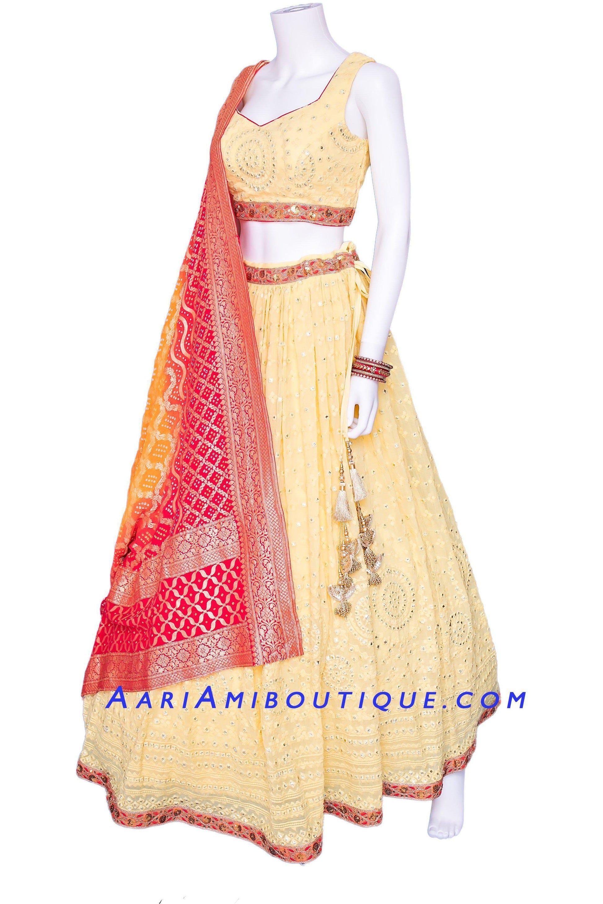 Youthful Yellow Lehenga Set with Bandhani Dupatta-AariAmi Boutique