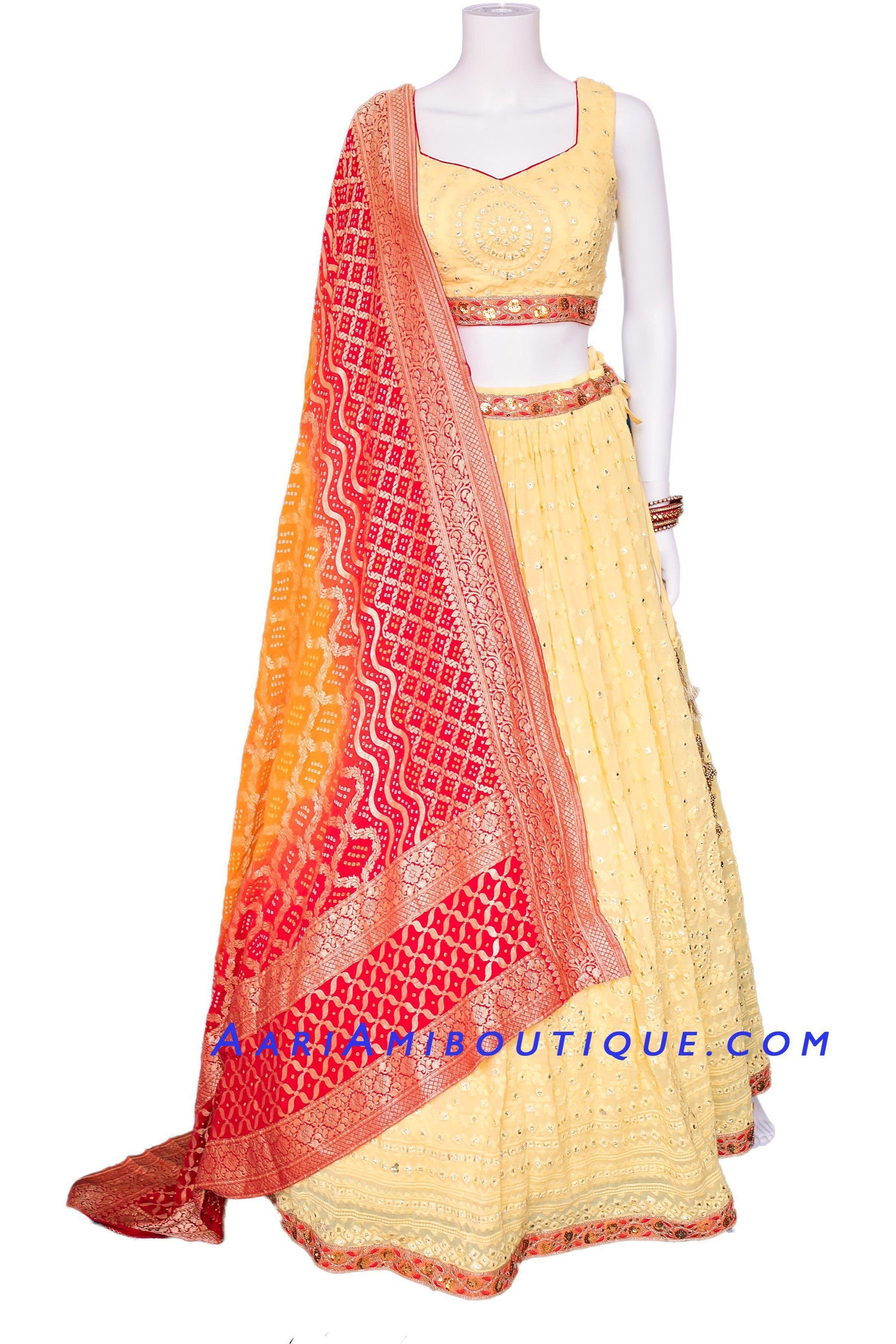 Youthful Yellow Lehenga Set with Bandhani Dupatta-AariAmi Boutique